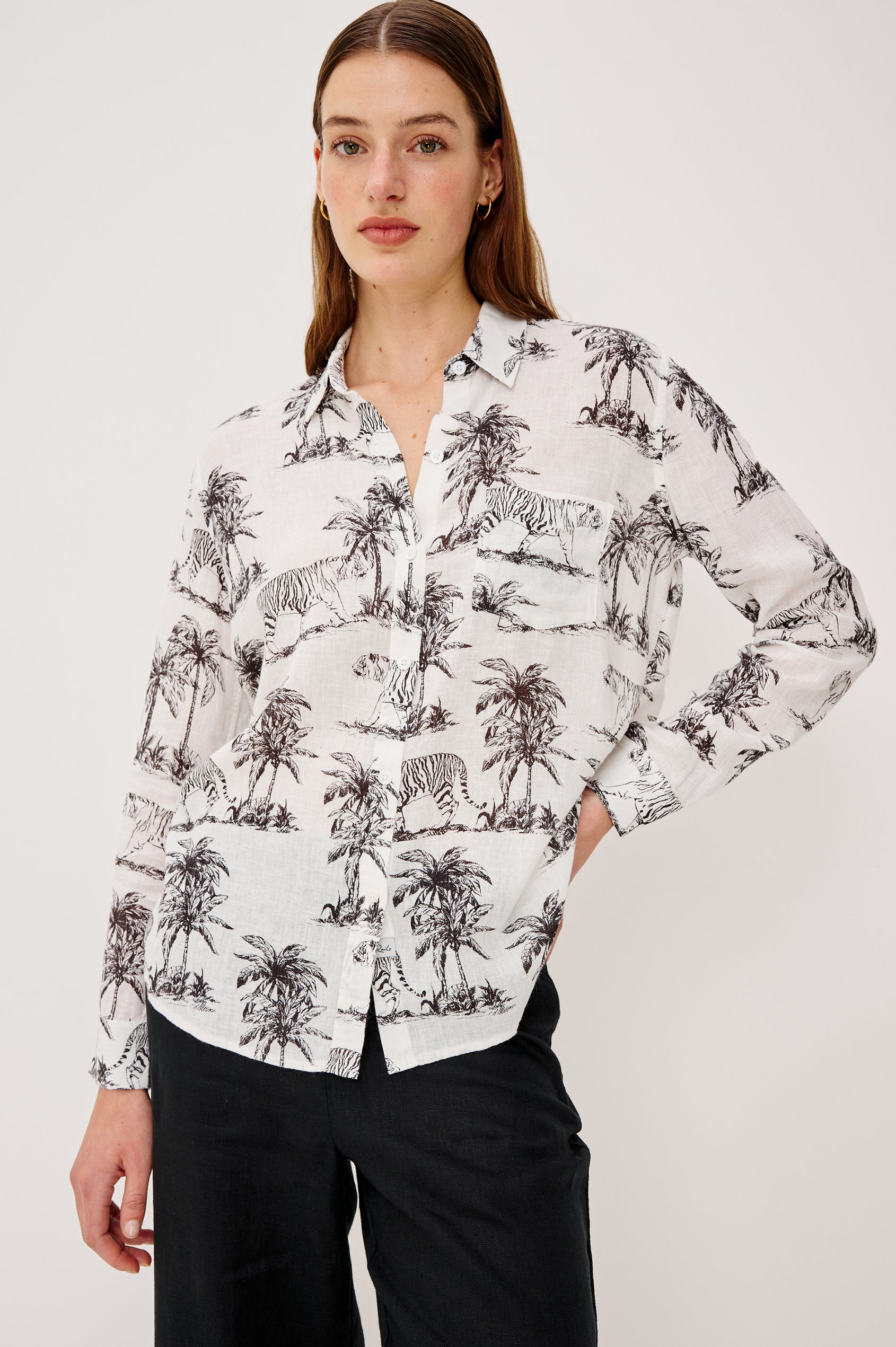 Charli Button-Up Shirt in Eco-Friendly Linen Blend With Collar Long Sleeves Single Chest Patch Pocket in Ivory Bengal Colorway - Upper Body Front View Featured on Model