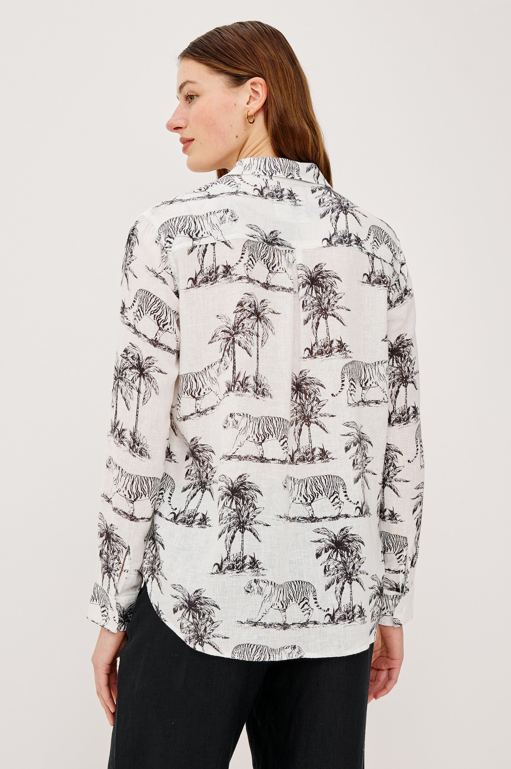 Charli Button-Up Shirt in Eco-Friendly Linen Blend With Collar Long Sleeves Single Chest Patch Pocket in Ivory Bengal Colorway - Upper Body Back View Featured on Model