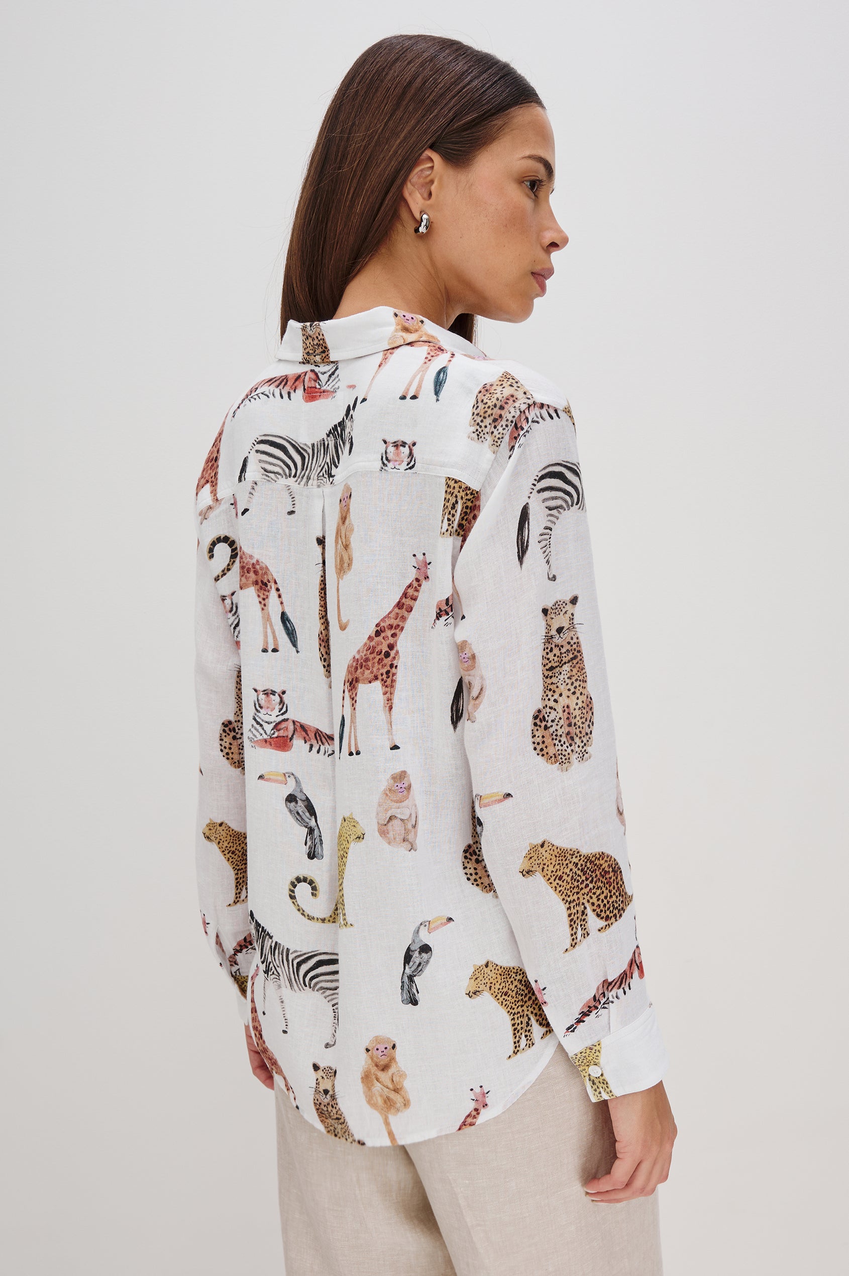 Charli Collared Button Front Shirt with Long Sleeves and a Front Chest Pocket in Jungle Animals Colorway. Back View Shown on Model.
