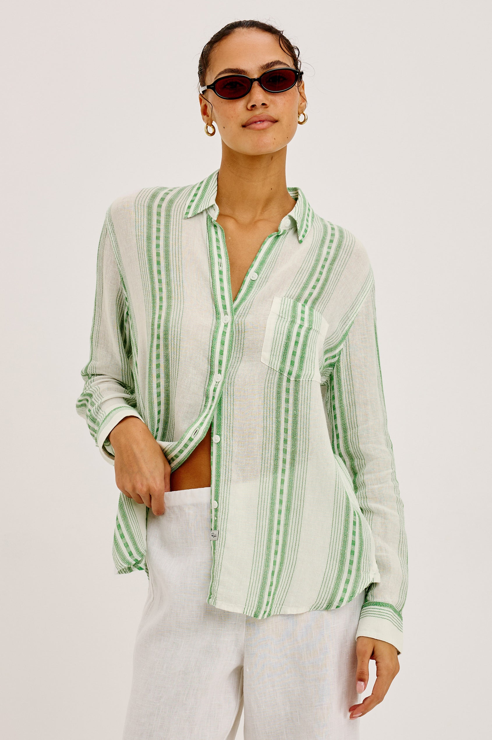 Charli Button-Up Shirt in Linen Blend With Collar, Long Sleeves, Relaxed Fit, and Single Chest Patch Pocket in Margarita Stripe Colorway - Upper Body Front View Featured on Model