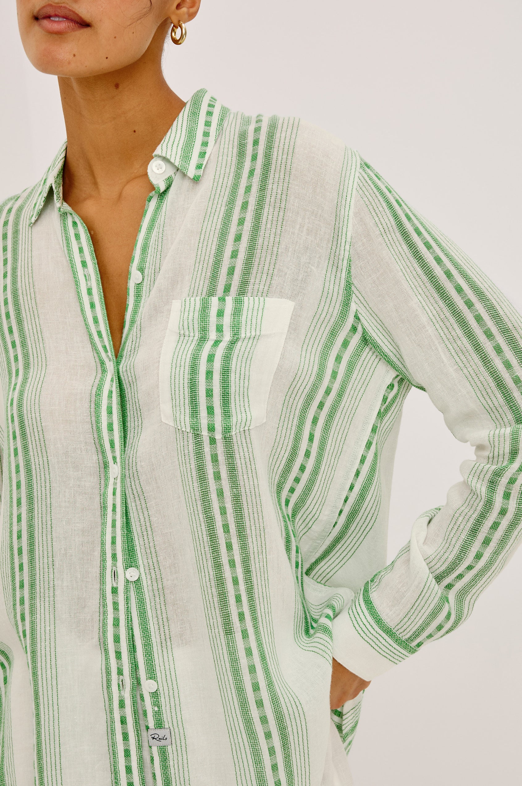 Charli Button-Up Shirt in Linen Blend With Collar, Long Sleeves, Relaxed Fit, and Single Chest Patch Pocket in Margarita Stripe Colorway - Upper Body Close Up Front View Featured on Model