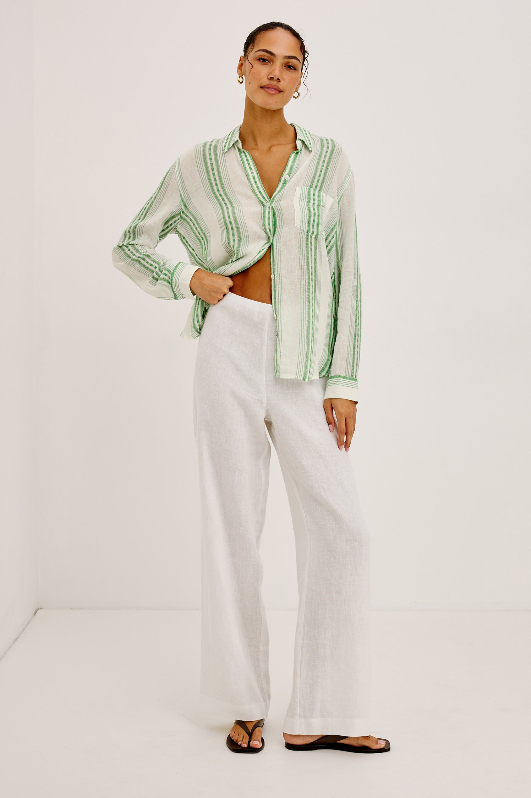 Charli Button-Up Shirt in Linen Blend With Collar, Long Sleeves, Relaxed Fit, and Single Chest Patch Pocket in Margarita Stripe Colorway - Full Body Front View Featured on Model