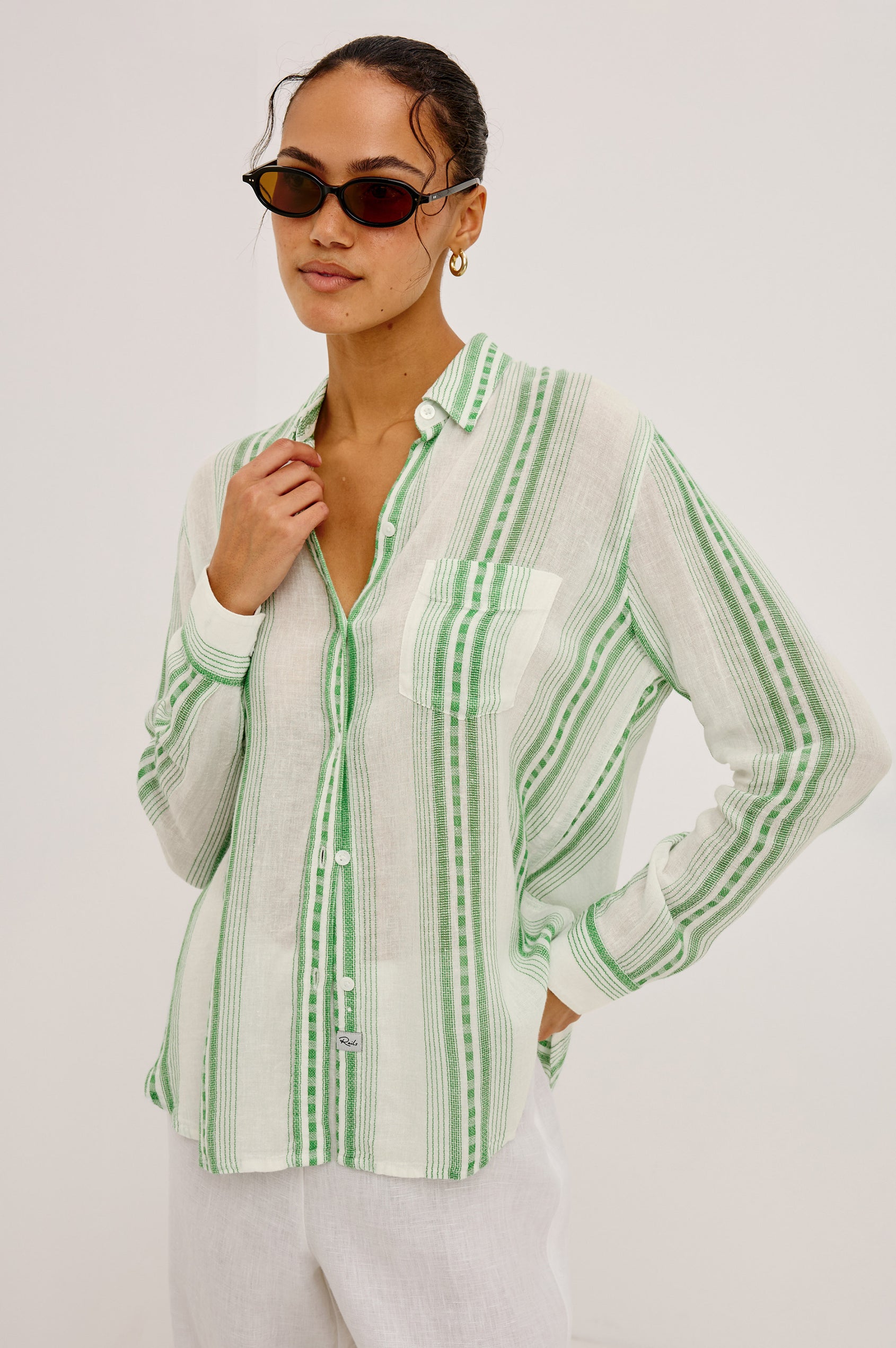 Charli Button-Up Shirt in Linen Blend With Collar, Long Sleeves, Relaxed Fit, and Single Chest Patch Pocket in Margarita Stripe Colorway - Upper Body Front View Featured on Model