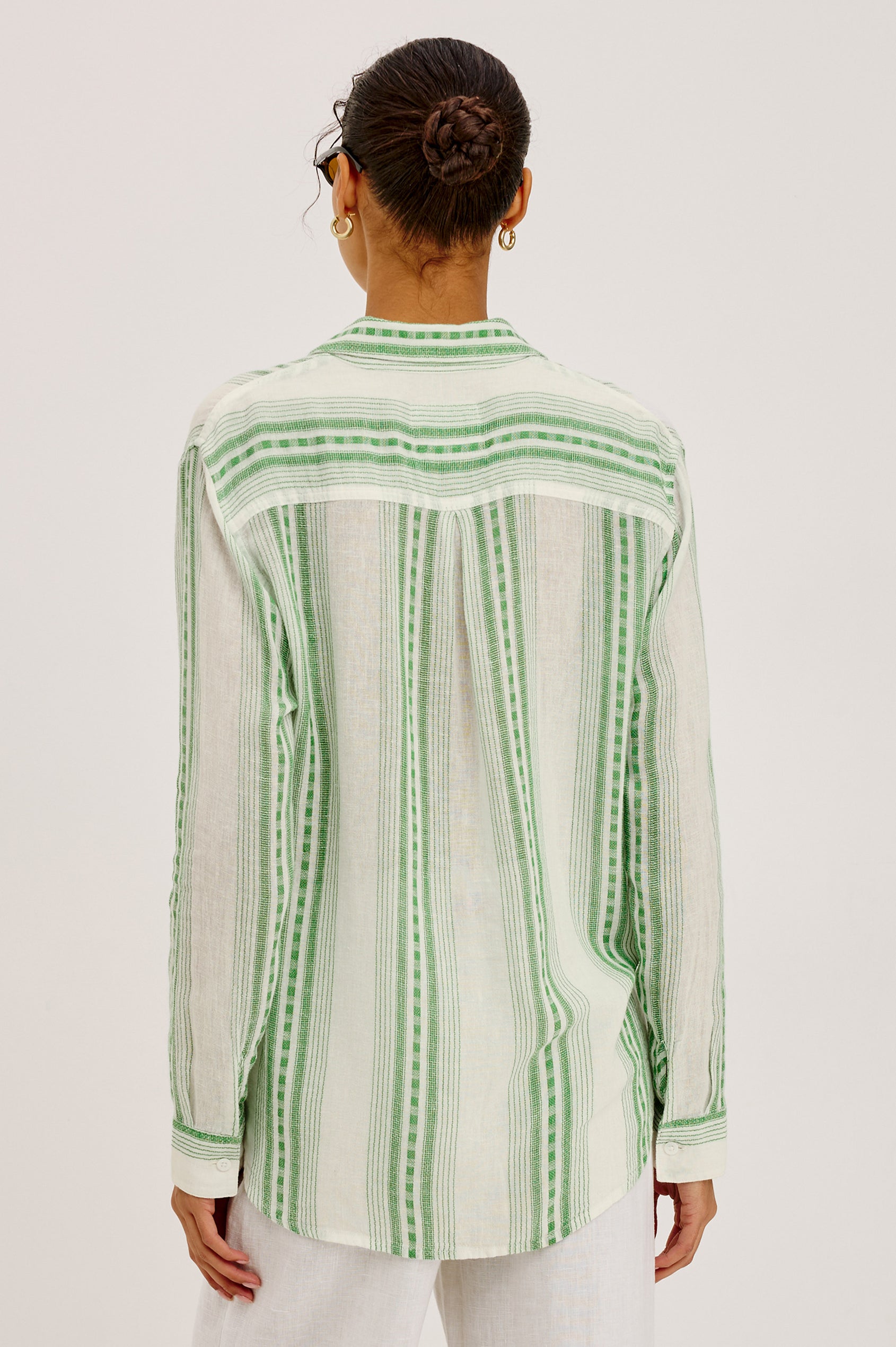 Charli Button-Up Shirt in Linen Blend With Collar, Long Sleeves, Relaxed Fit, and Single Chest Patch Pocket in Margarita Stripe Colorway - Upper Body Back View Featured on Model