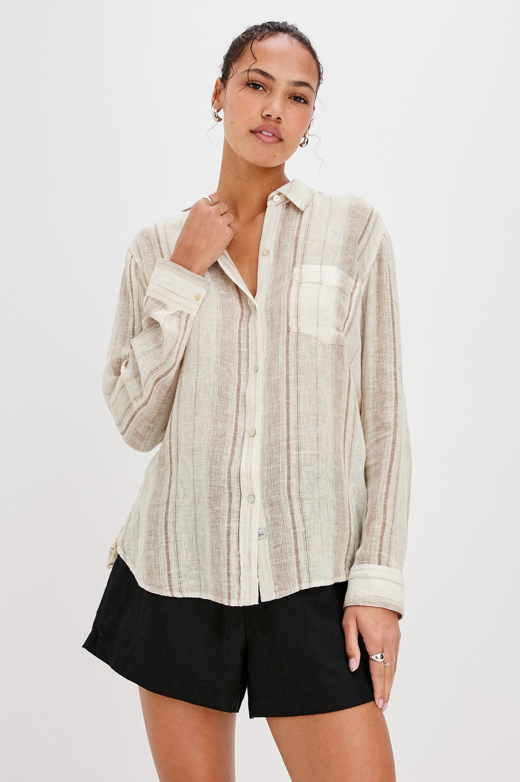Charli Collared Button Front Shirt with Long Sleeves and a Front Chest Pocket in Reims Stripe Colorway. Front View Shown on Model.