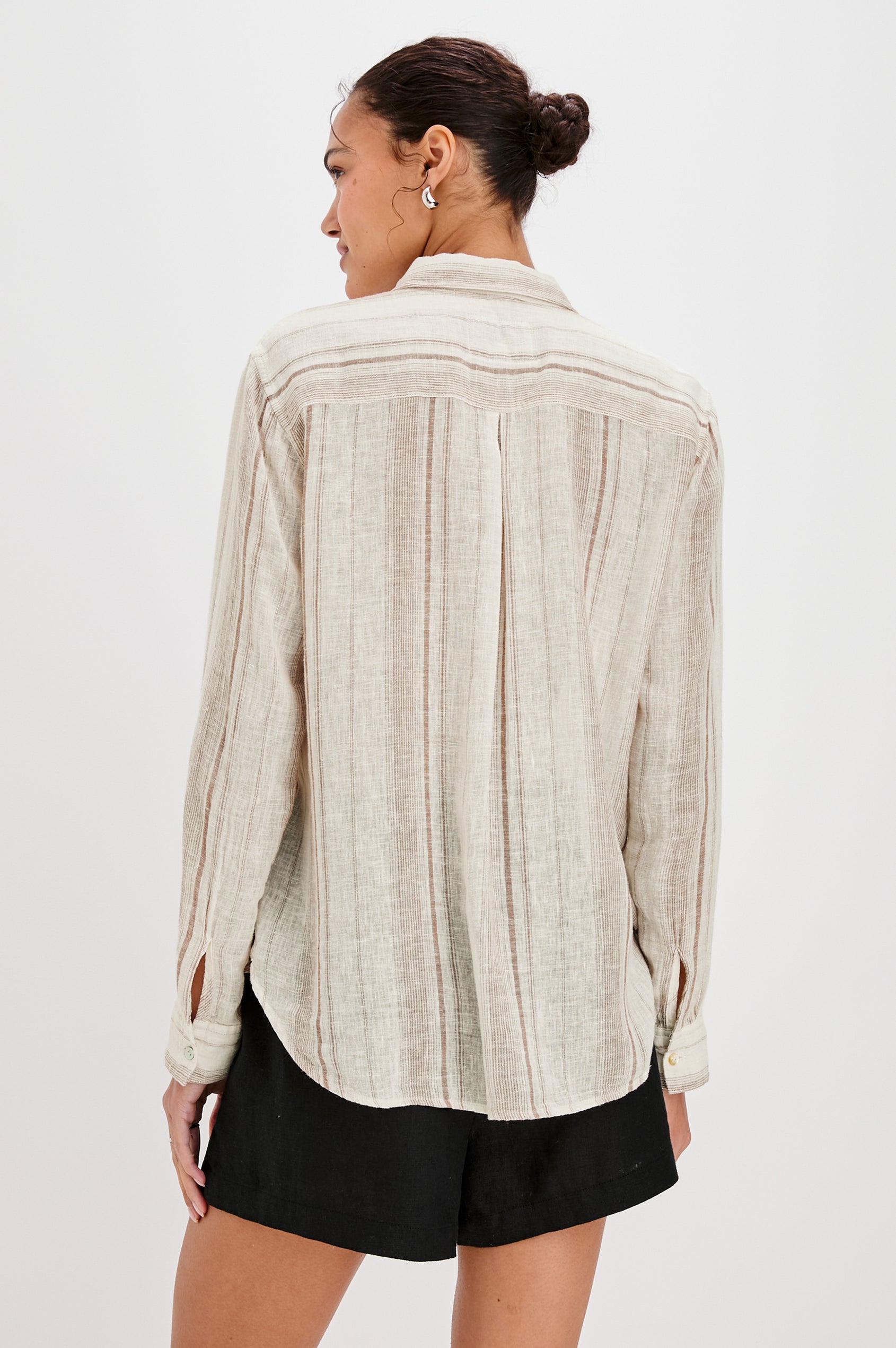 Charli Collared Button Front Shirt with Long Sleeves and a Front Chest Pocket in Reims Stripe Colorway. Back View Shown on Model.