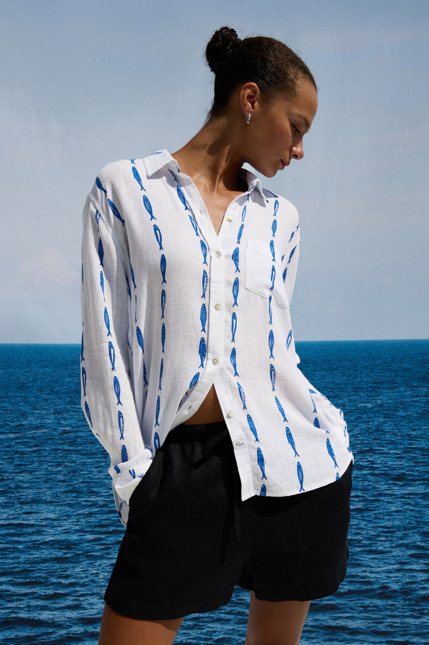 Charli Button-Up Shirt in Linen Blend With Collar, Long Sleeves, Relaxed Fit, and Single Chest Patch Pocket in Sardines Colorway - Upper Body Front View Featured on Model