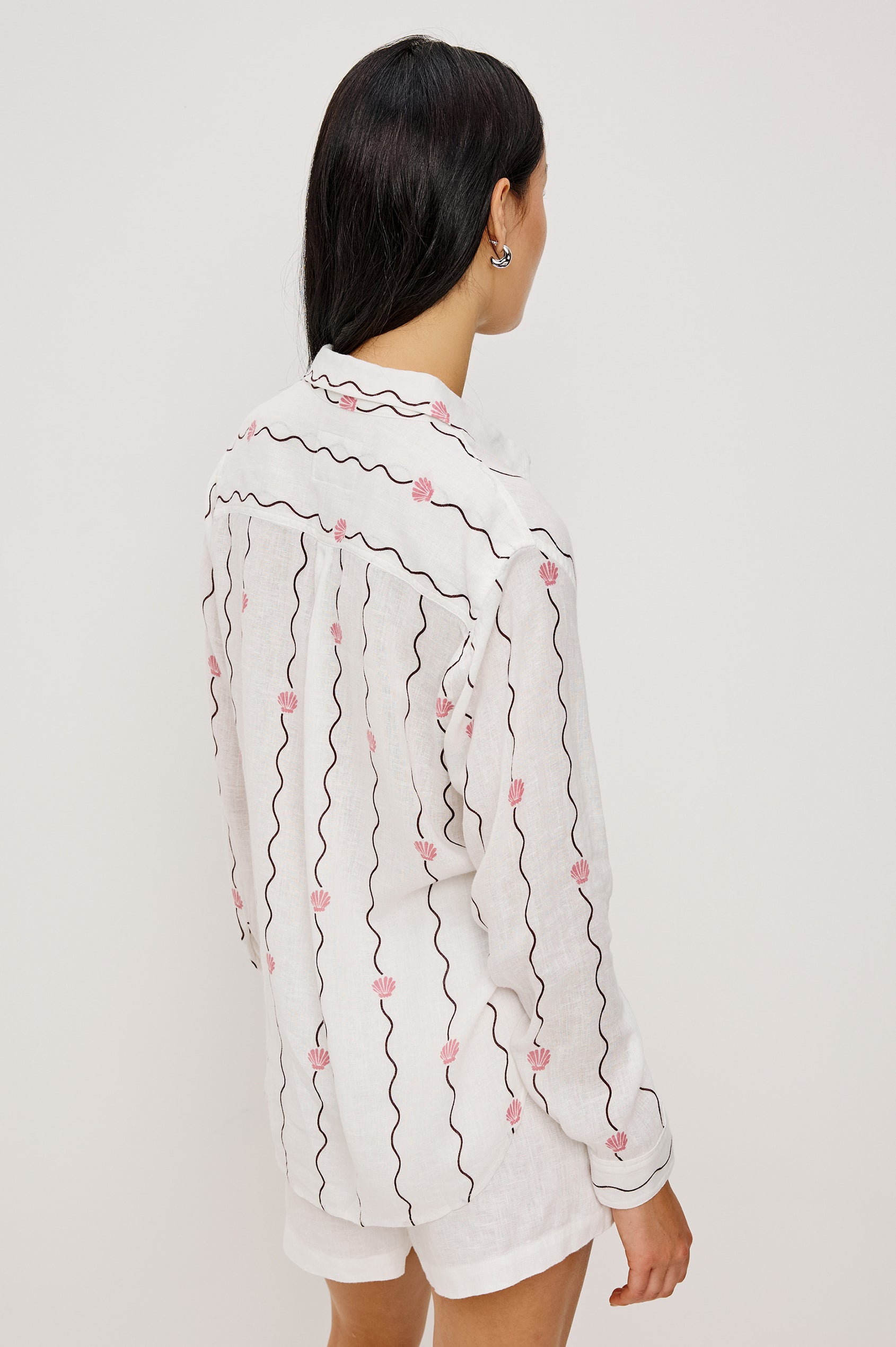 Charli Button-Up Shirt in Eco-Friendly Linen Blend With Collar Long Sleeves Single Chest Patch Pocket in Striped Seashells Colorway - Upper Body Back View Featured on Model
