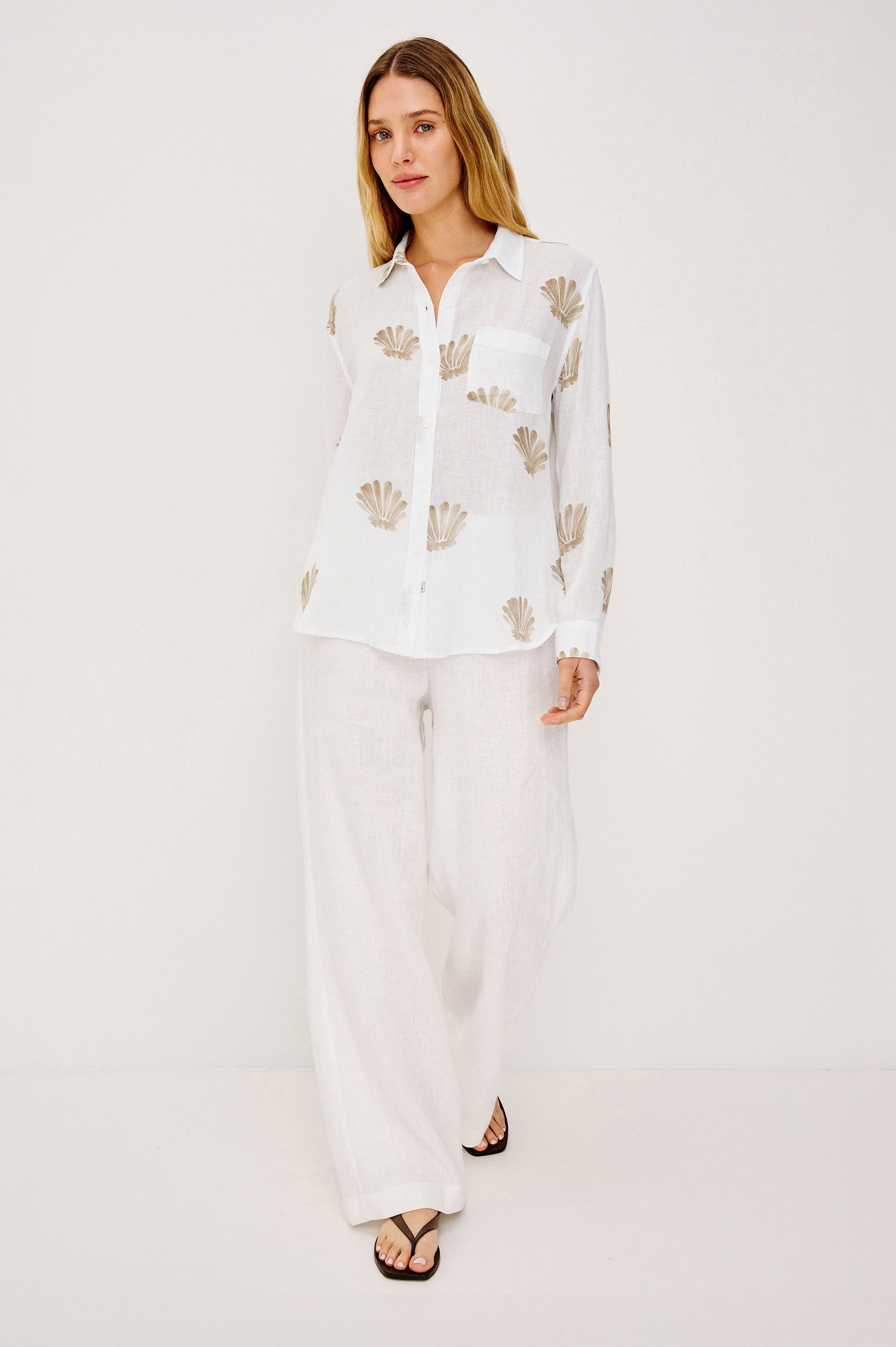 Charli Button-Up Shirt in Eco-Friendly Linen Blend With Collar, Long Sleeves, Single Chest Patch Pocket in Taupe Shells Colorway - Full Body Front View Featured on Model