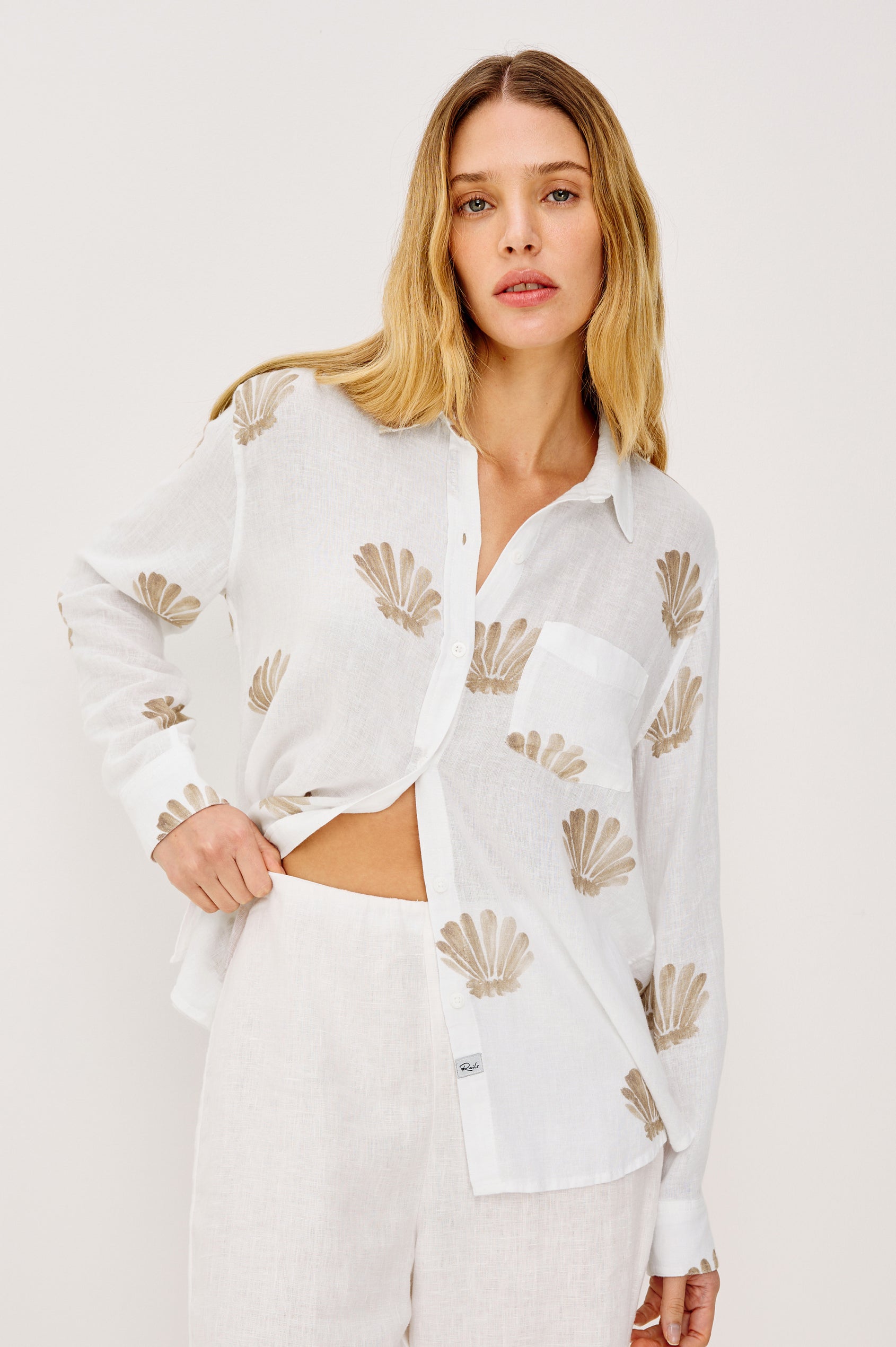 Charli Button-Up Shirt in Eco-Friendly Linen Blend With Collar, Long Sleeves, Single Chest Patch Pocket in Taupe Shells Colorway - Upper Body Front View Featured on Model