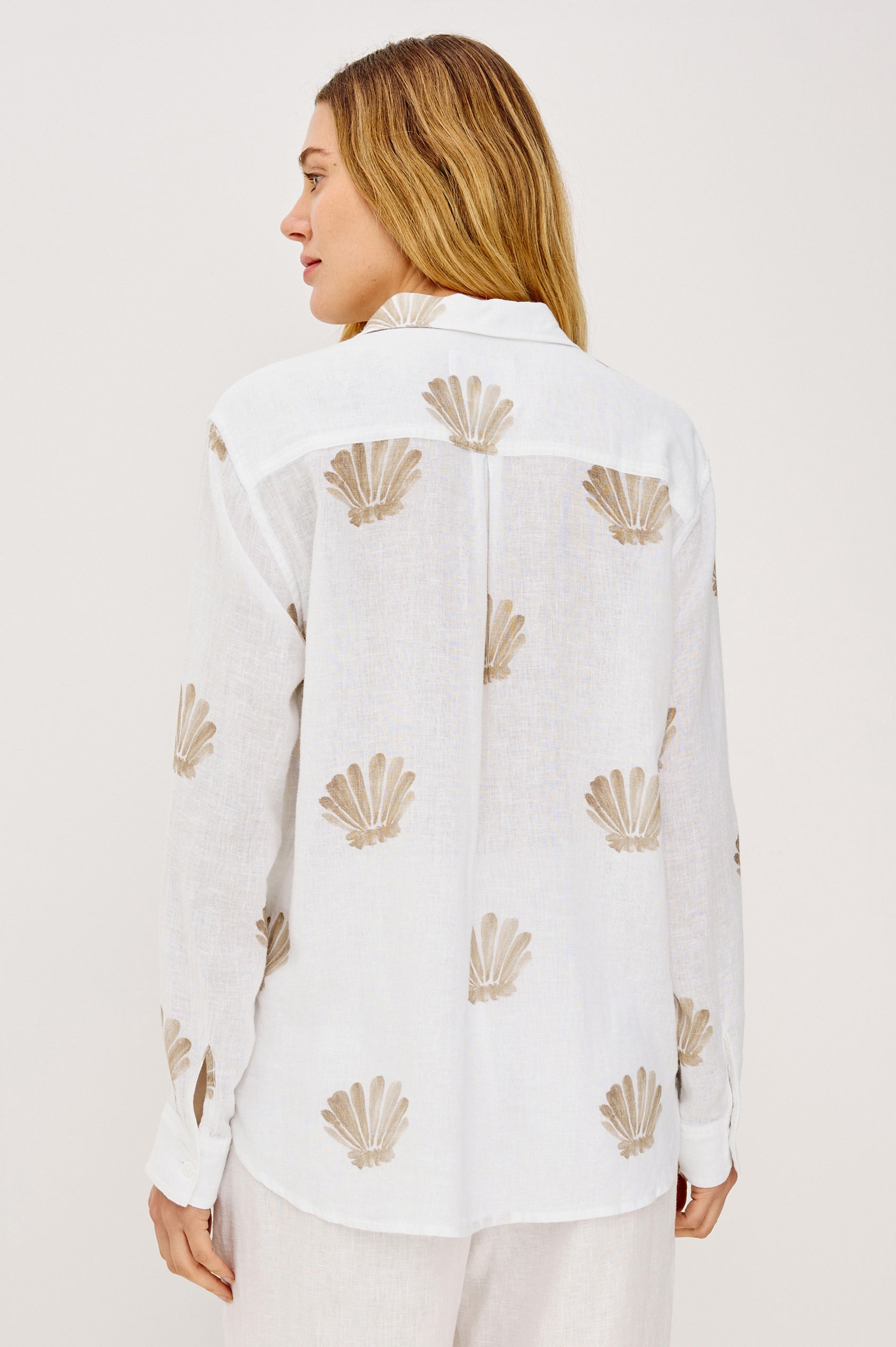 Charli Button-Up Shirt in Eco-Friendly Linen Blend With Collar, Long Sleeves, Single Chest Patch Pocket in Taupe Shells Colorway - Upper Body Back View Featured on Model