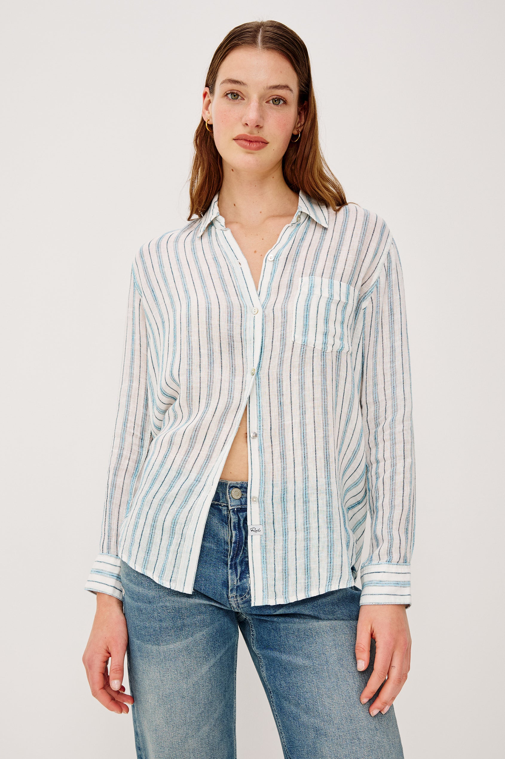 Charli Button-Up Shirt in Eco-Friendly Linen Blend With Collar Long Sleeves Single Chest Patch Pocket in Ivory Bengal Colorway - Upper Body Front View Featured on Model