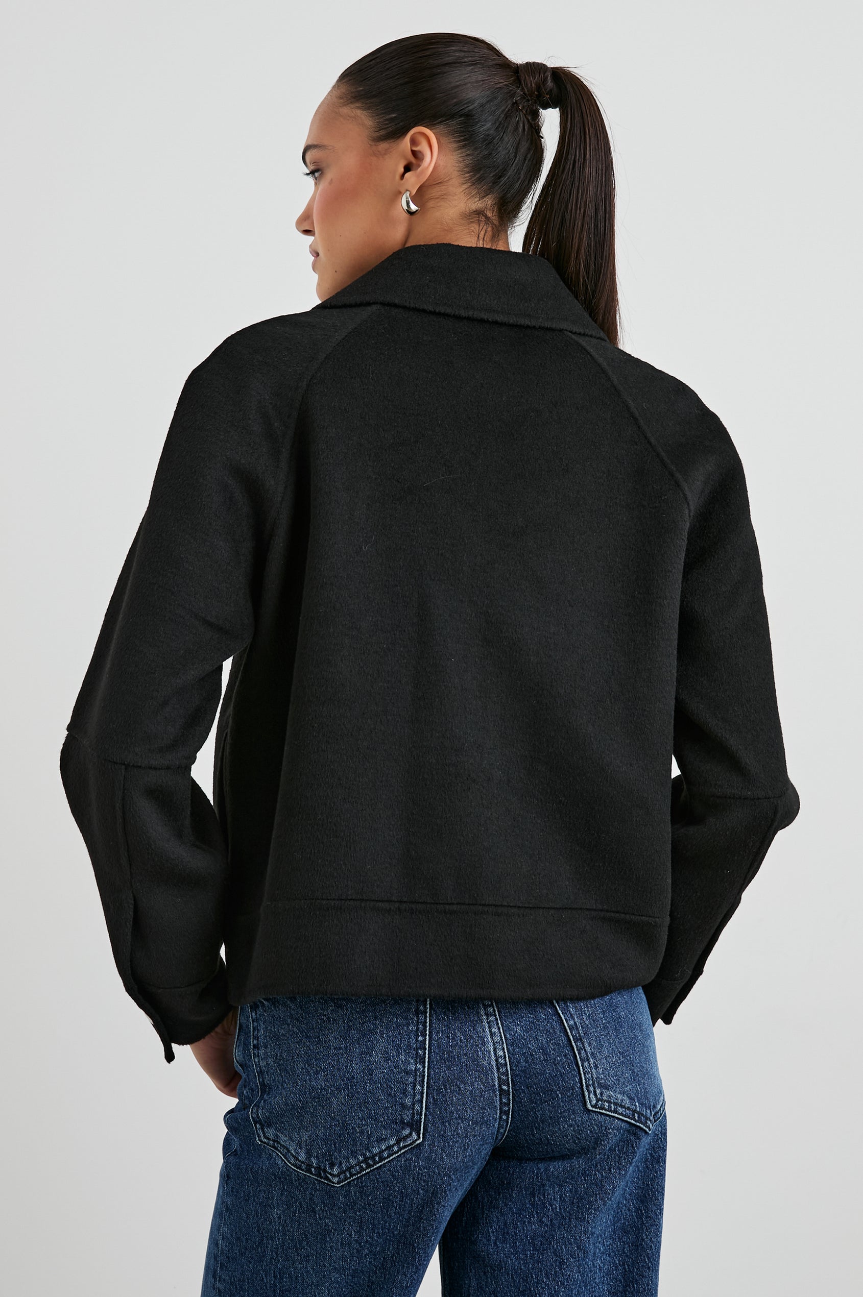Cheyenne Zip-Up Jacket with Two Chest Flap Pockets and Dual Zipper in Black Colorway - Back View Featured on Model 