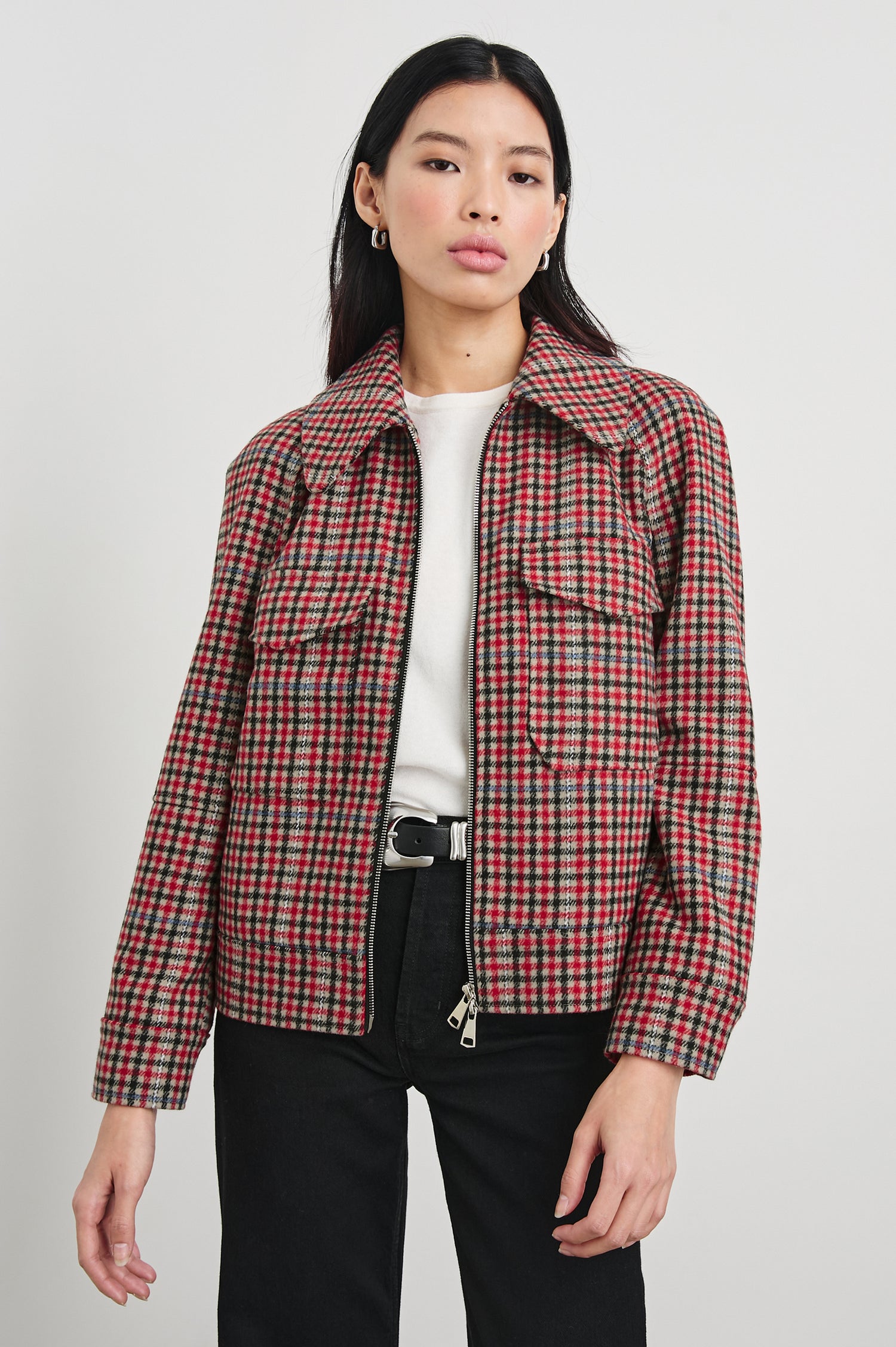 Cheyenne Zip-Up Jacket with Two Chest Flap Pockets, and Two Zippers in Crimson Mini Check Colorway, a plaid in Crimson, Black, White and Cream - Front View Featured on Model 