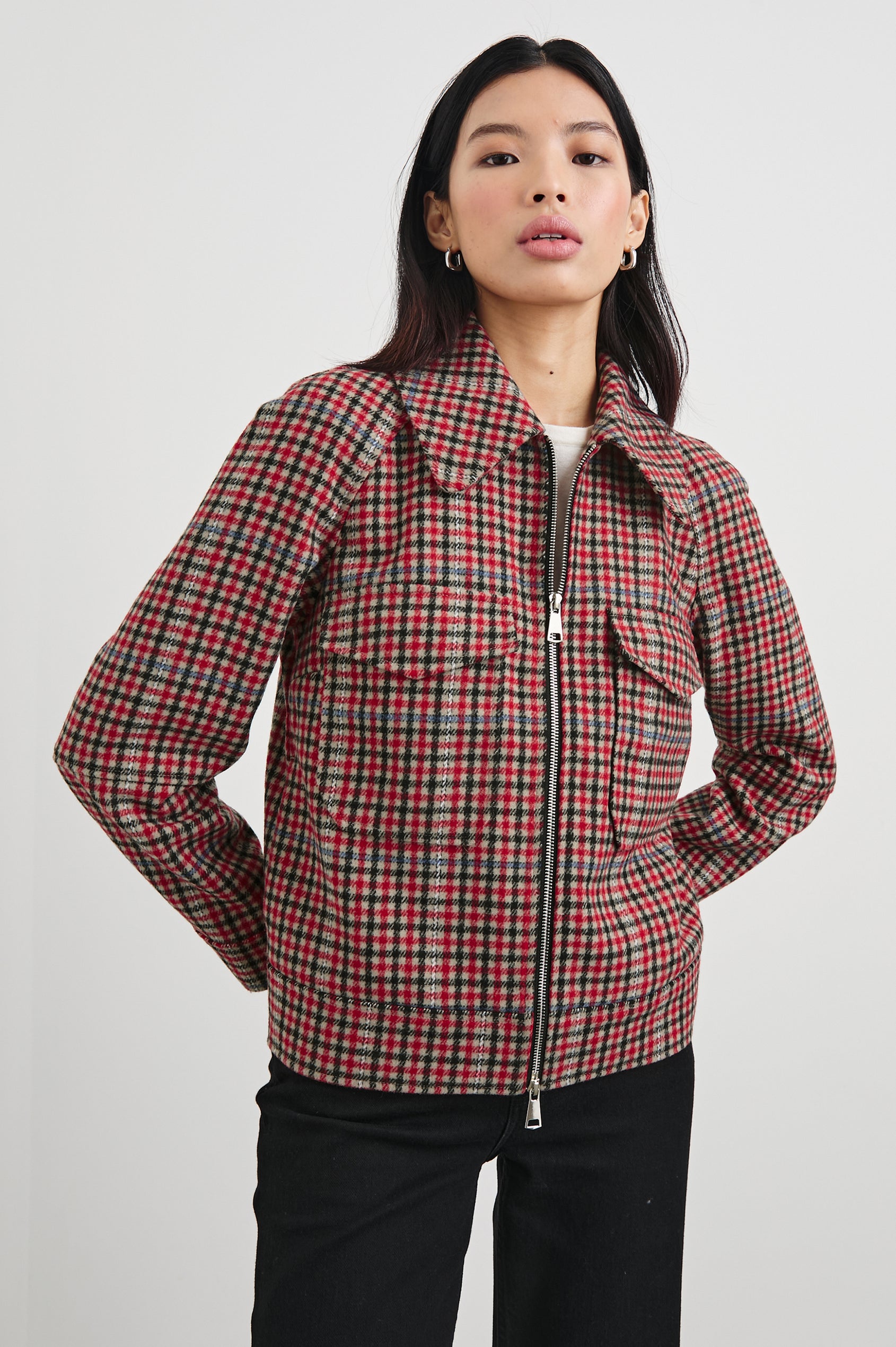 Cheyenne Zip-Up Jacket with Two Chest Flap Pockets, and Two Zippers in Crimson Mini Check Colorway, a plaid in Crimson, Black, White and Cream - Front View Featured on Model 