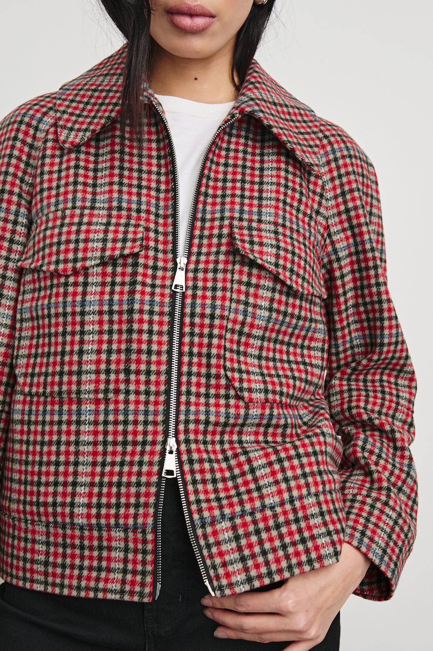 Cheyenne Zip-Up Jacket with Two Chest Flap Pockets, and Two Zippers in Crimson Mini Check Colorway, a plaid in Crimson, Black, White and Cream - Front View Featured on Model 