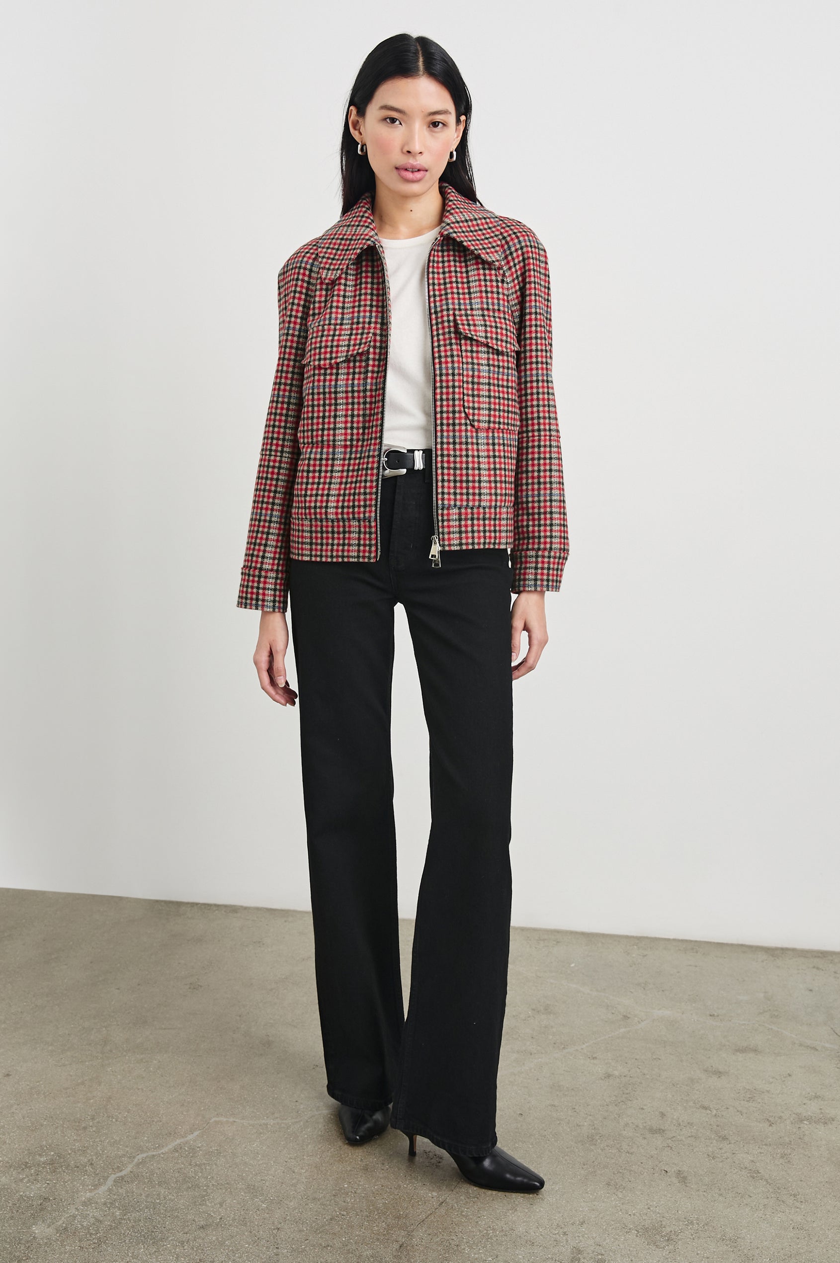 Cheyenne Zip-Up Jacket with Two Chest Flap Pockets, and Two Zippers in Crimson Mini Check Colorway, a plaid in Crimson, Black, White and Cream - Front Full Body View Featured on Model 