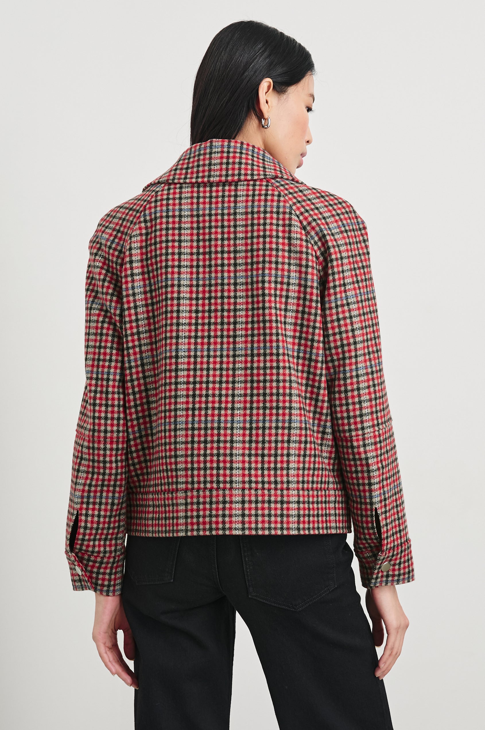 Cheyenne Zip-Up Jacket with Two Chest Flap Pockets, and Two Zippers in Crimson Mini Check Colorway, a plaid in Crimson, Black, White and Cream - Back View Featured on Model 