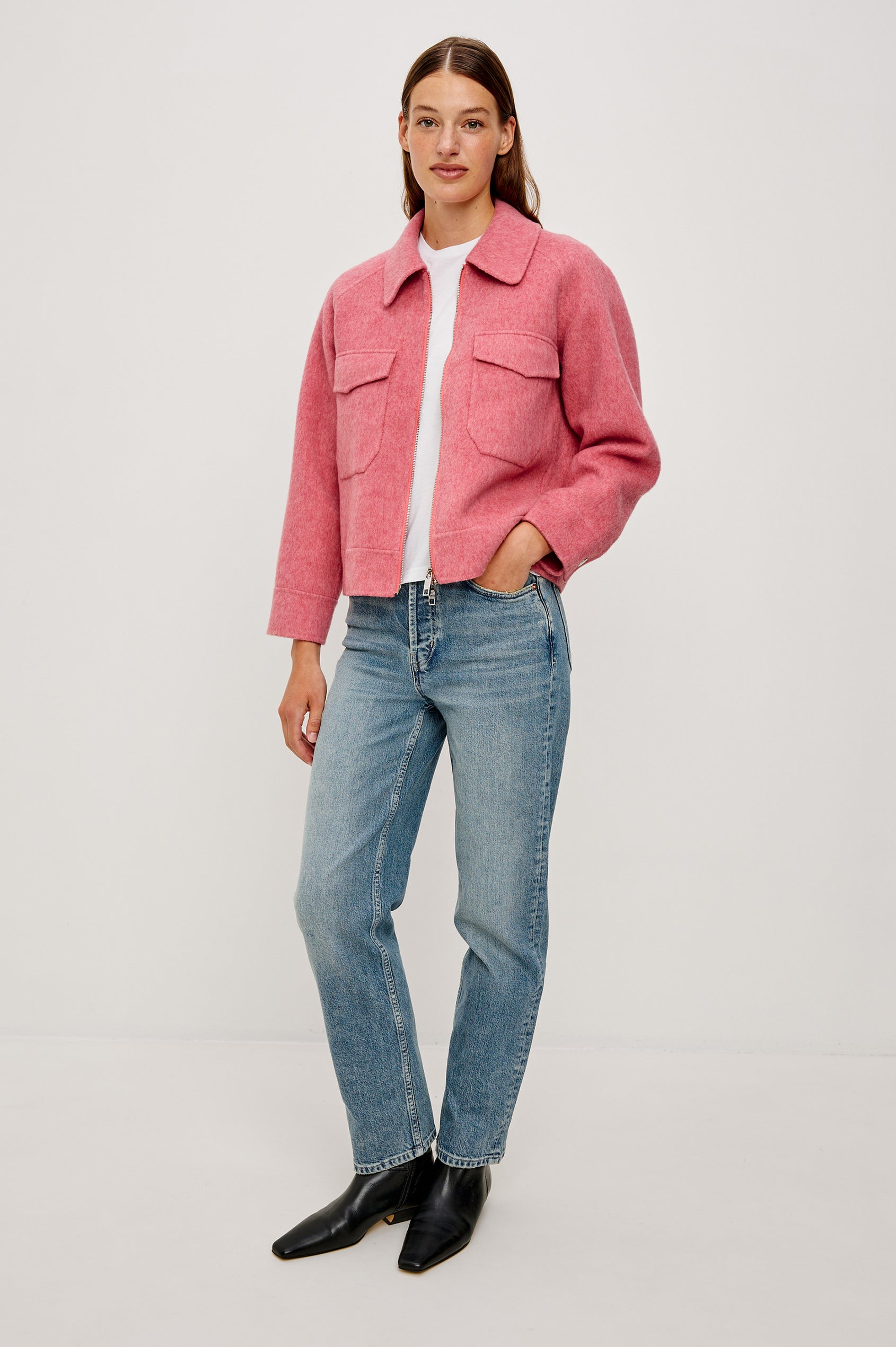 Cheyenne fitted wool jacket with oversized pockets and collar in Heather Rose colorway - Full Body front view on model, unzipped