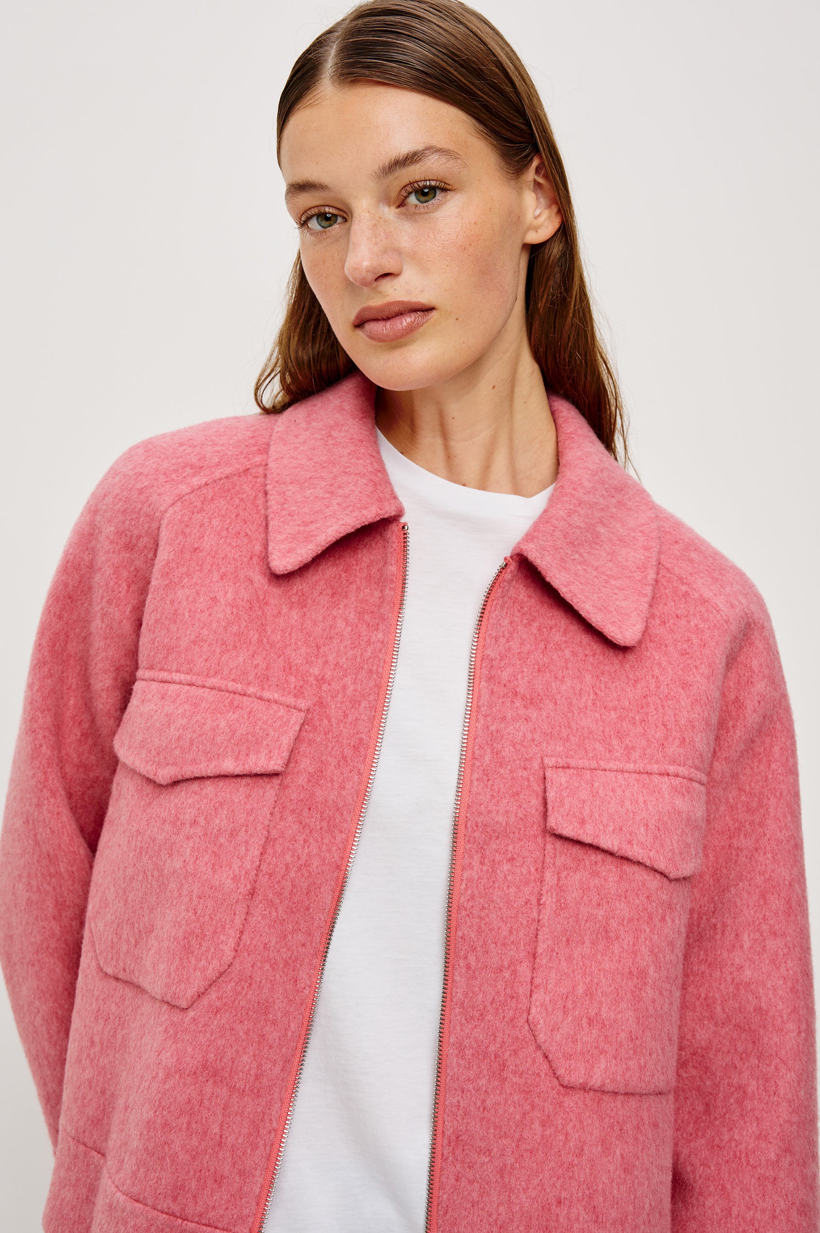 Cheyenne fitted wool jacket with oversized pockets and collar in Heather Rose colorway - front view on model, unzipped