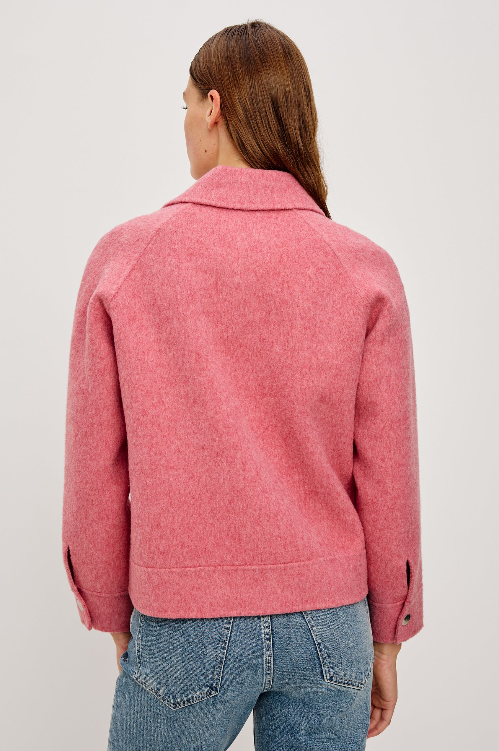 Cheyenne fitted wool jacket with oversized pockets and collar in Heather Rose colorway - Back view on model, unzipped