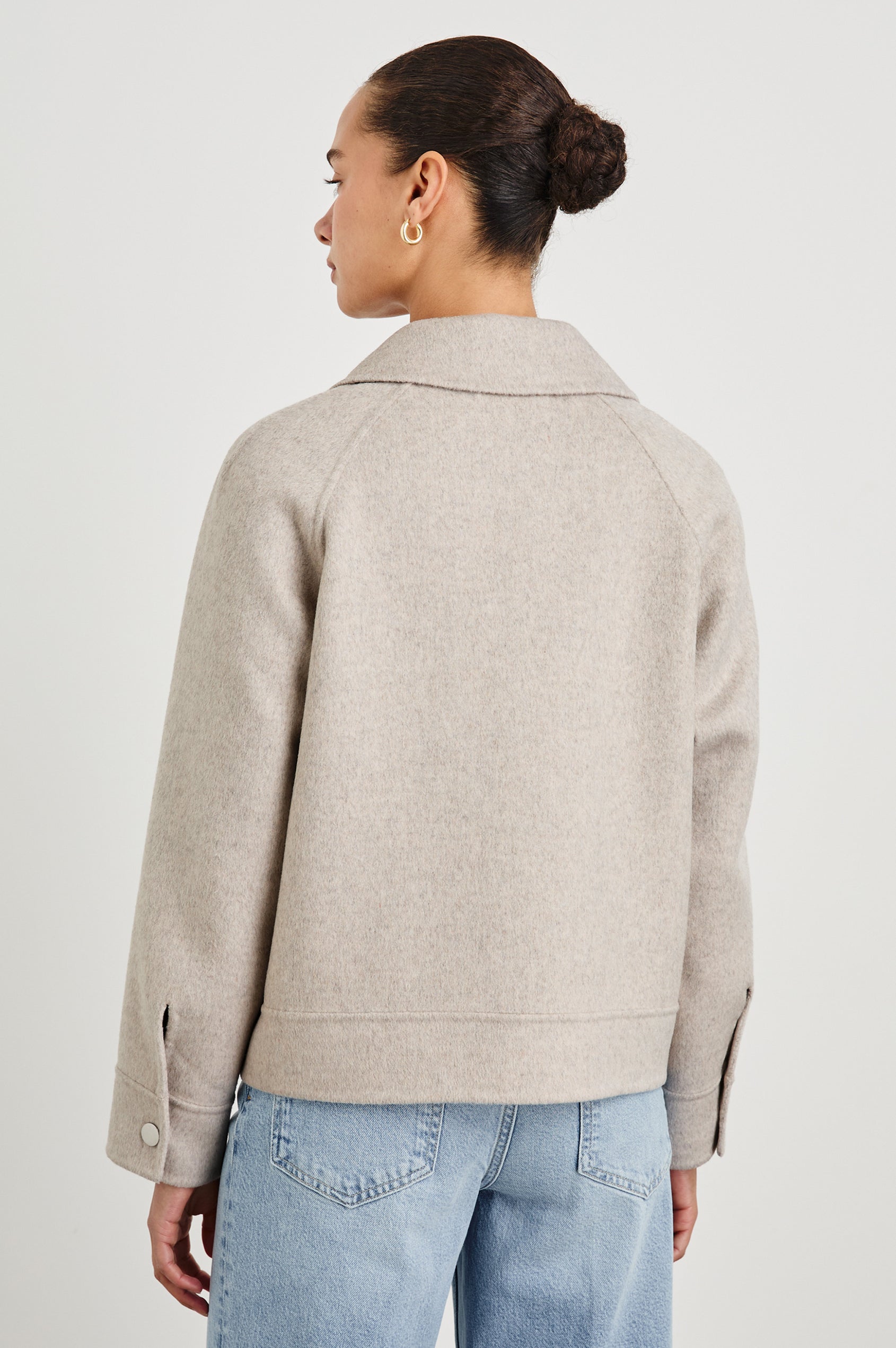 Cheyenne fitted wool jacket with oversized pockets and collar in Oatmeal - back view on model