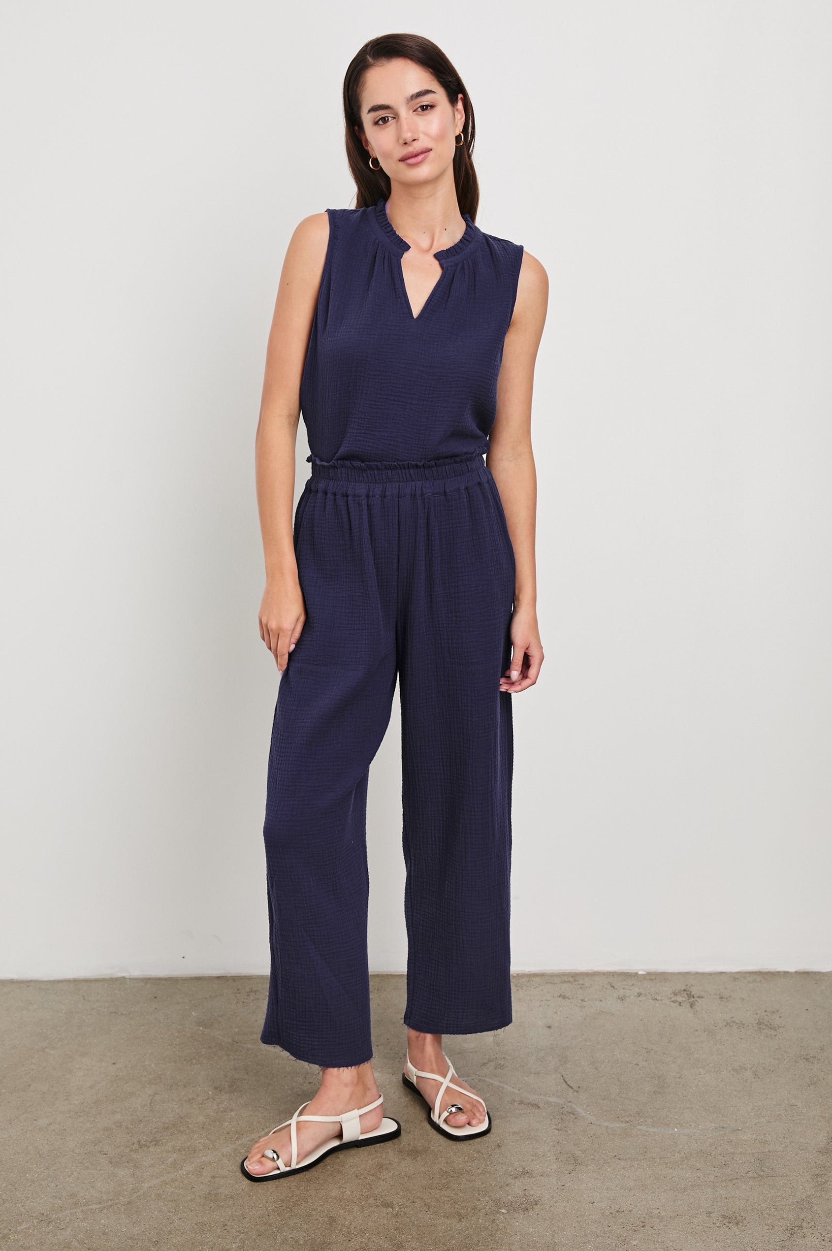 Christy Cotton Gauze Sleeveless Top with Collared V-Neck In Colorway Admiral Blue - Full Front Body View Featured On Model with matching pants