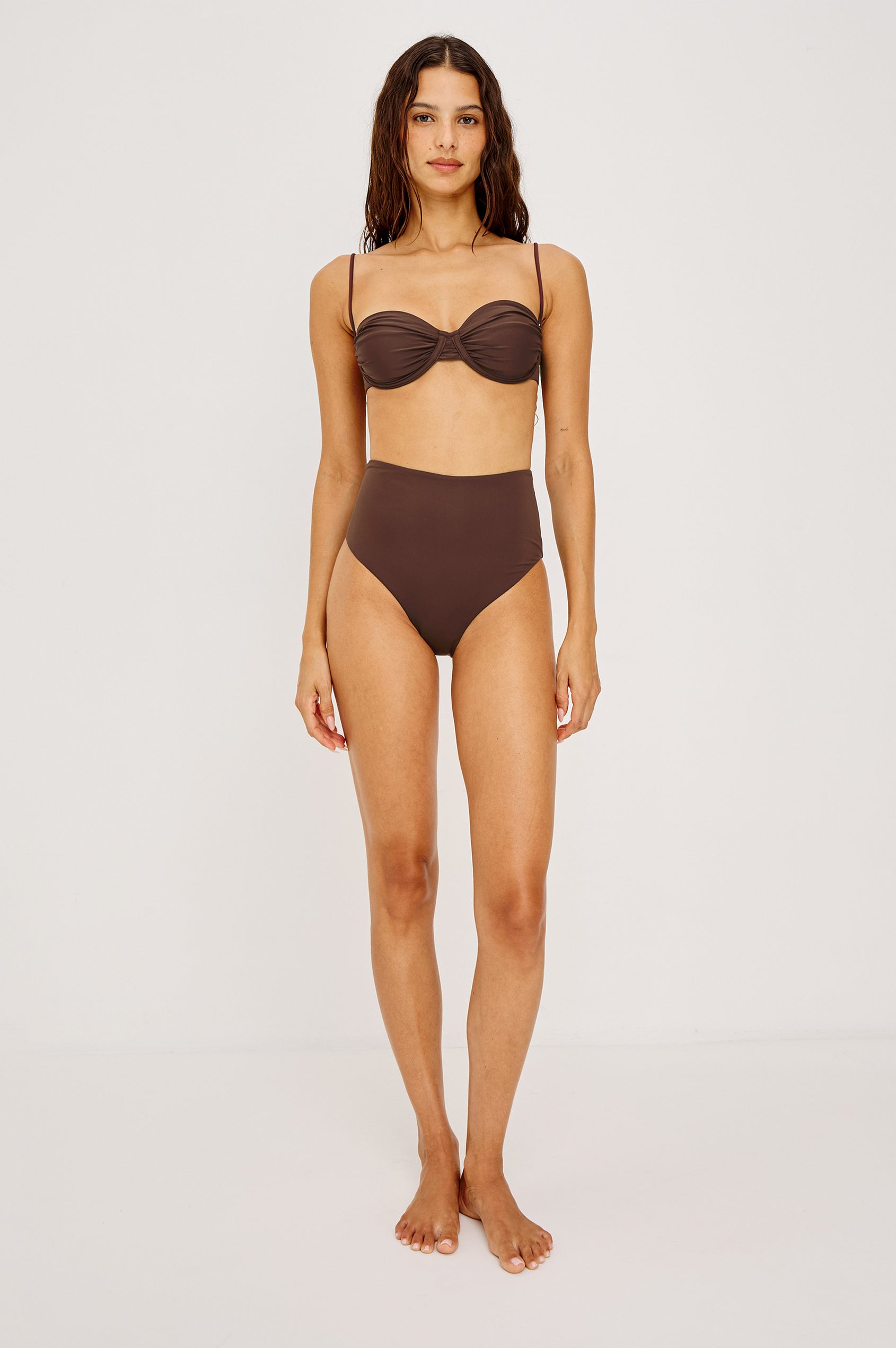 Cielo Bikini Bottom With High Waist, High-Cut Legs, and Cheeky Rear Coverage in Espresso Colorway - Full Body Front View Featured on Model