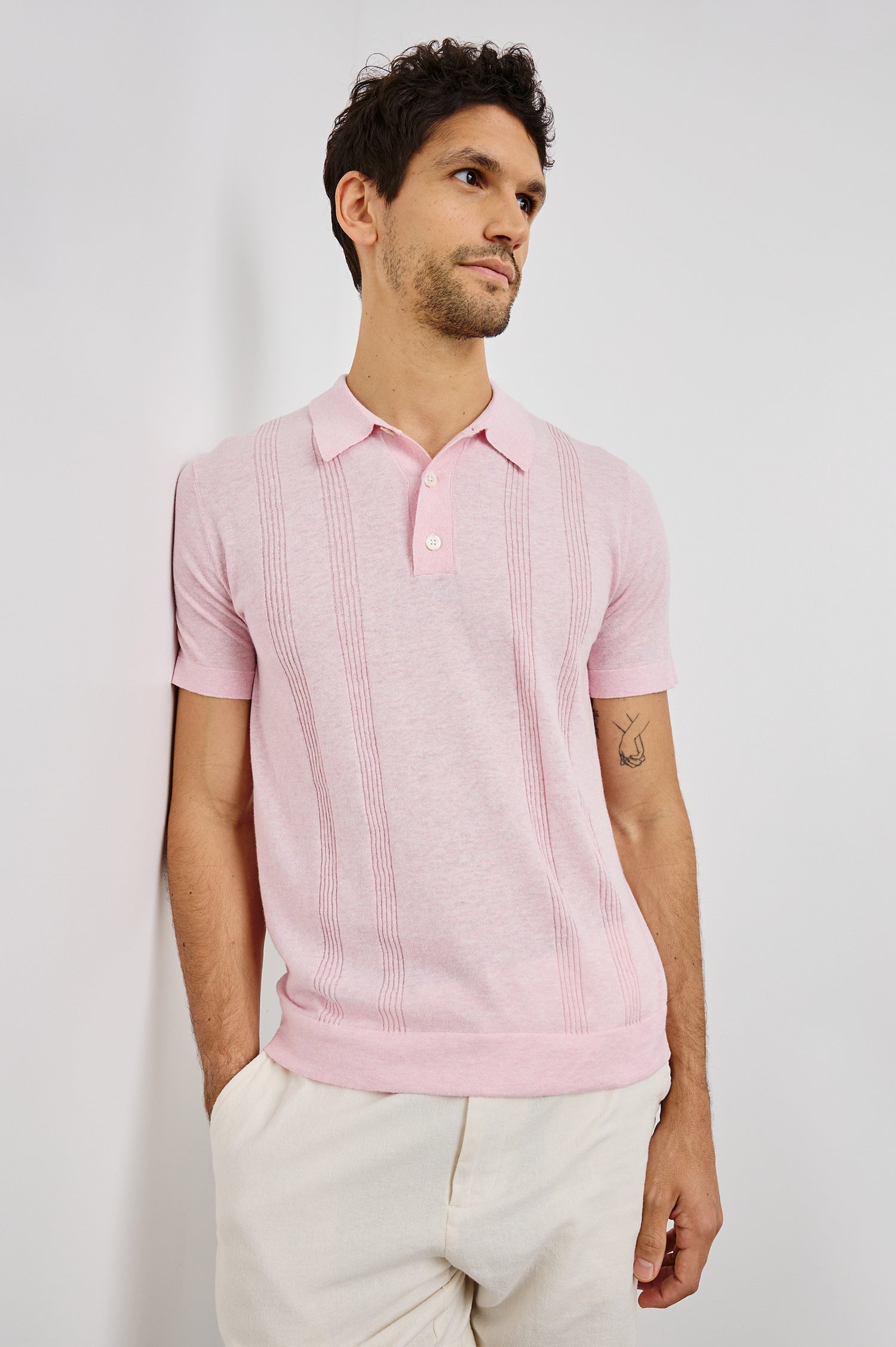 Cillian 3-Button Polo with Short Sleeves in Pink Colorway. Front View Shown on Model.