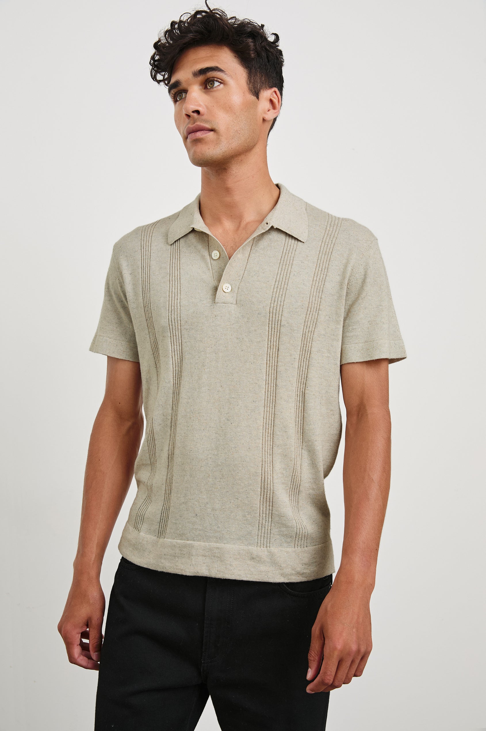 Cillian short sleeve cotton silk blend polo with three button placket and retro  front stripe details in Silversand - front view on model