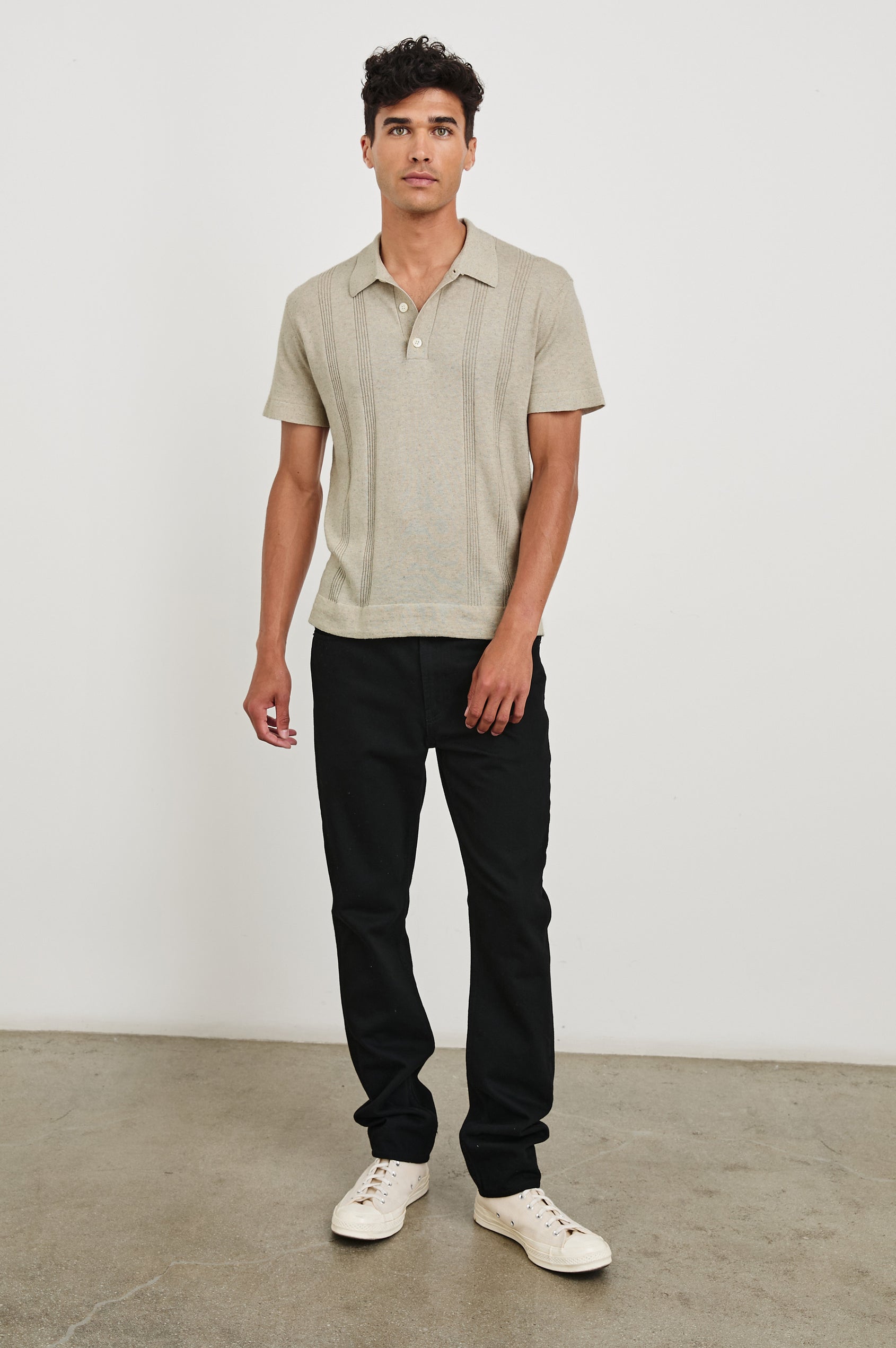 Cillian short sleeve cotton silk blend polo with three button placket and retro  front stripe details in Silversand - full body front view on model