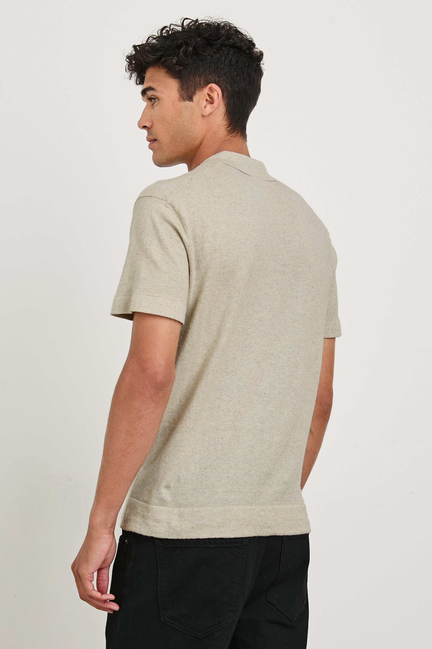 Cillian short sleeve cotton silk blend polo with three button placket and retro  front stripe details in Silversand - back view on model