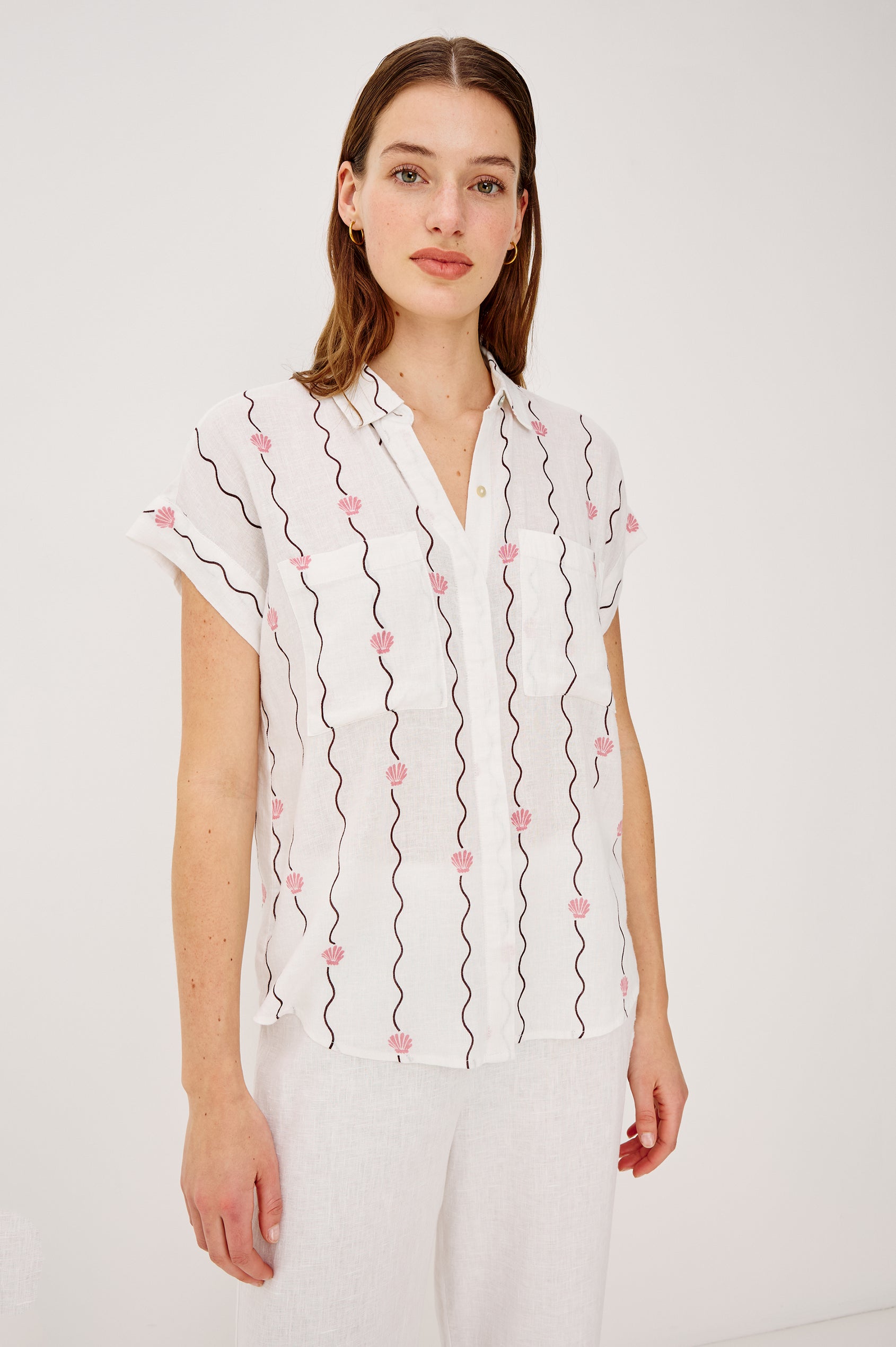 Cito Relaxed Button-Up Shirt in Linen With Collar Chest Patch Pockets and Cuffed Cap Sleeves in Striped Seashells Colorway - Upper Body Front View Featured on Model