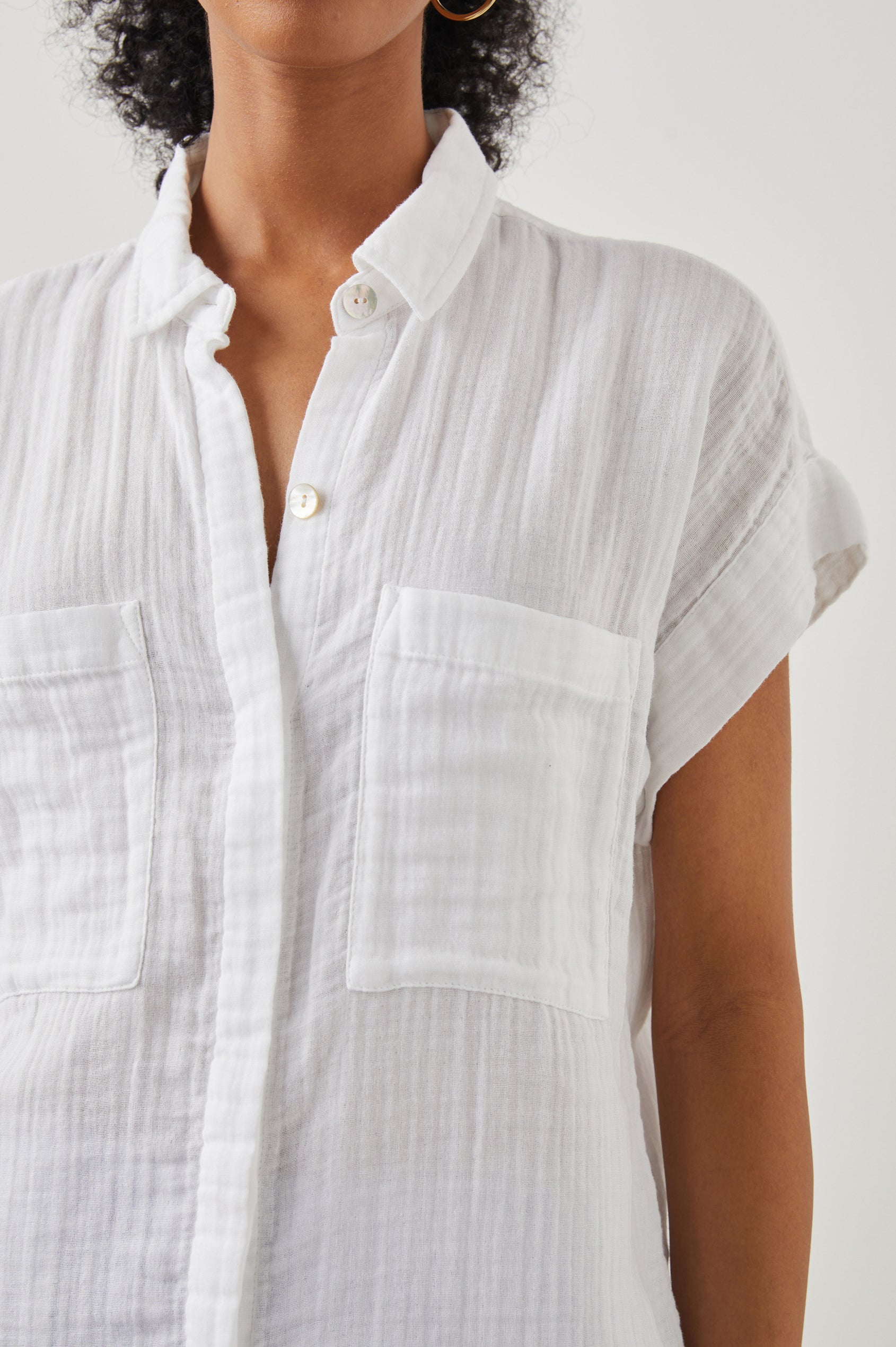 Cito Short-Sleeve Button Down with two Chest Patch Pockets in True White Colorway- Front View Featured on Model