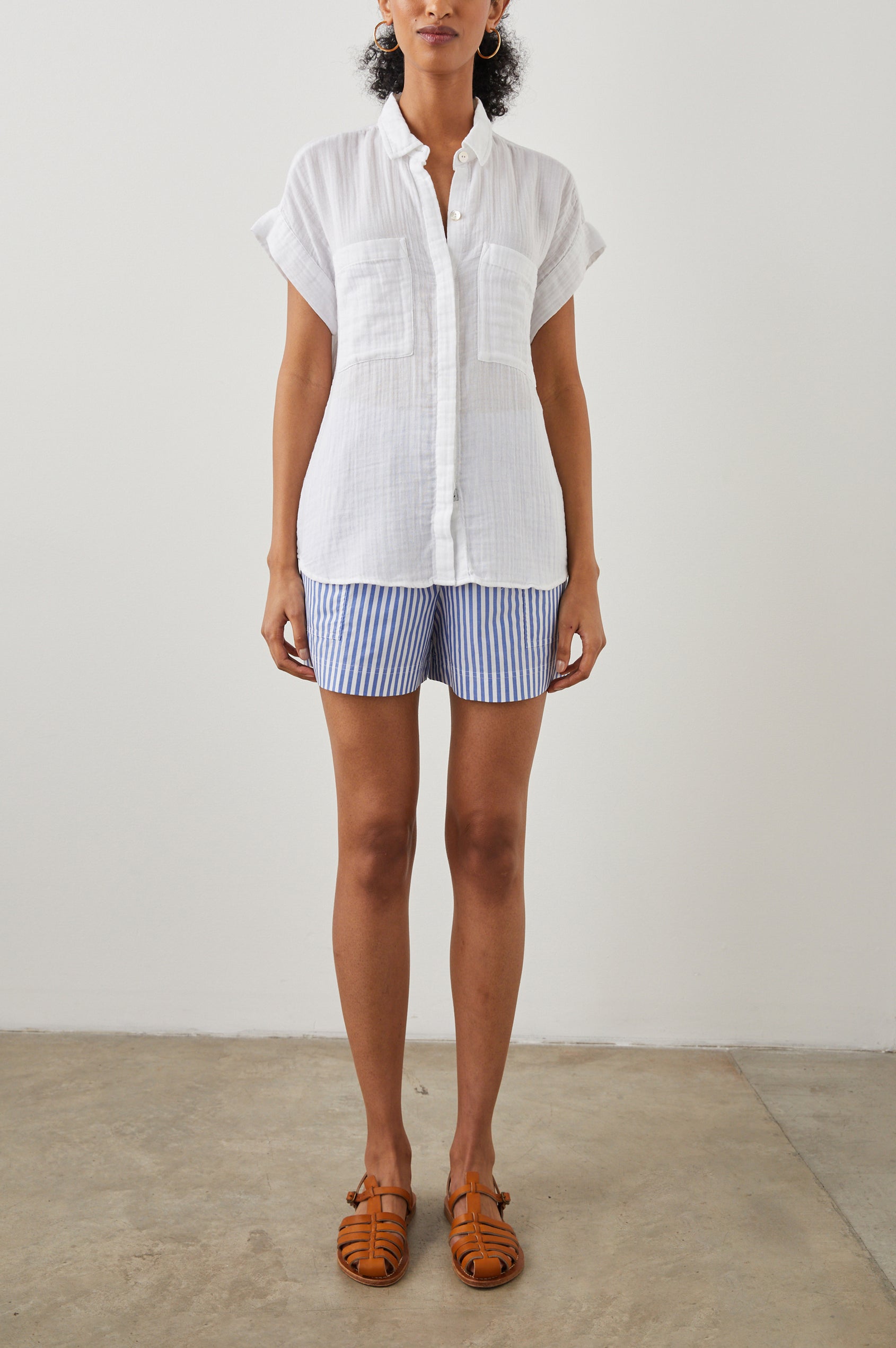 Cito Short-Sleeve Button Down with two Chest Patch Pockets in True White Colorway- Front Full Body View Featured on Model
