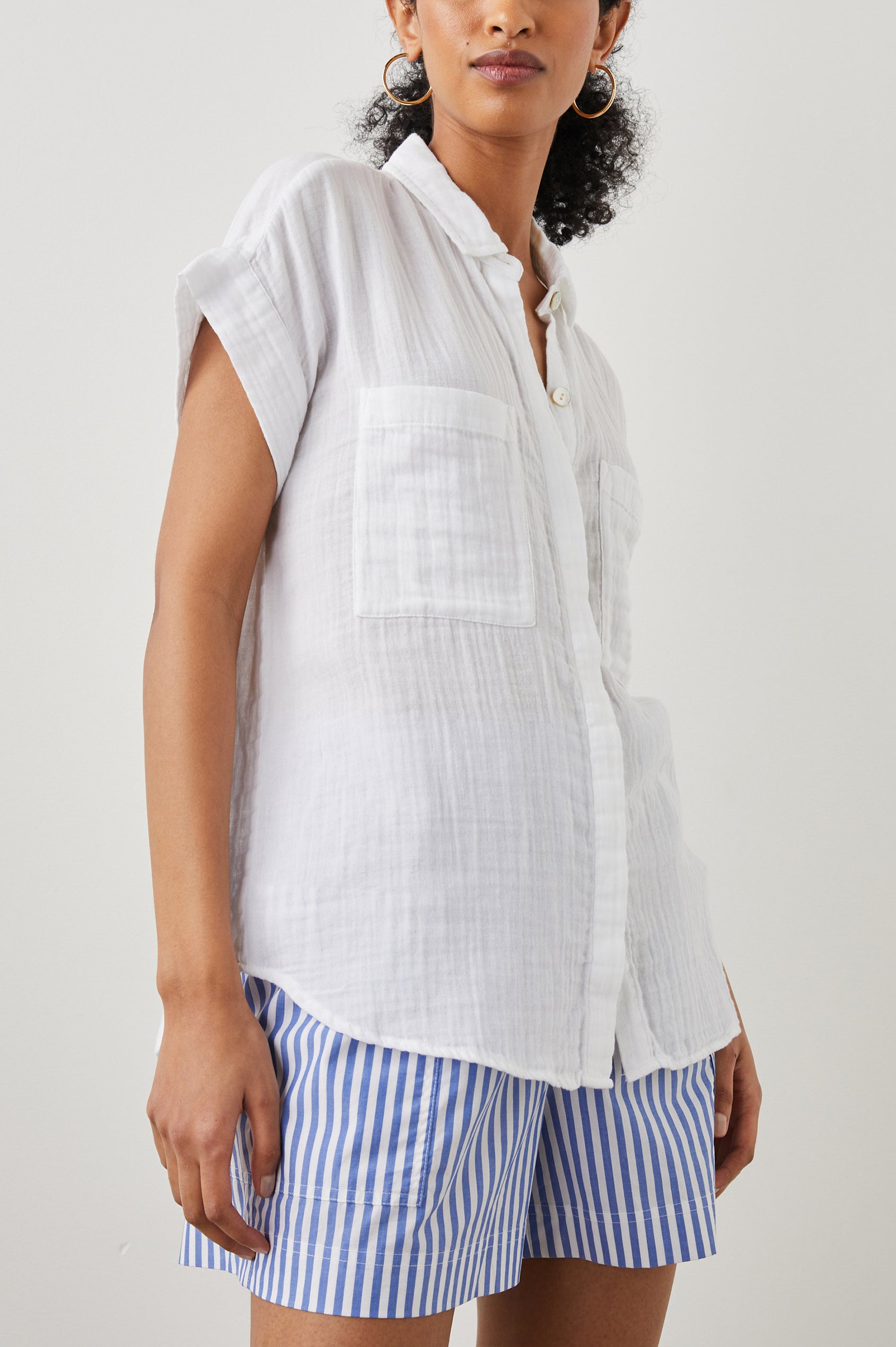 Cito Short-Sleeve Button Down with two Chest Patch Pockets in True White Colorway- Front View Featured on Model