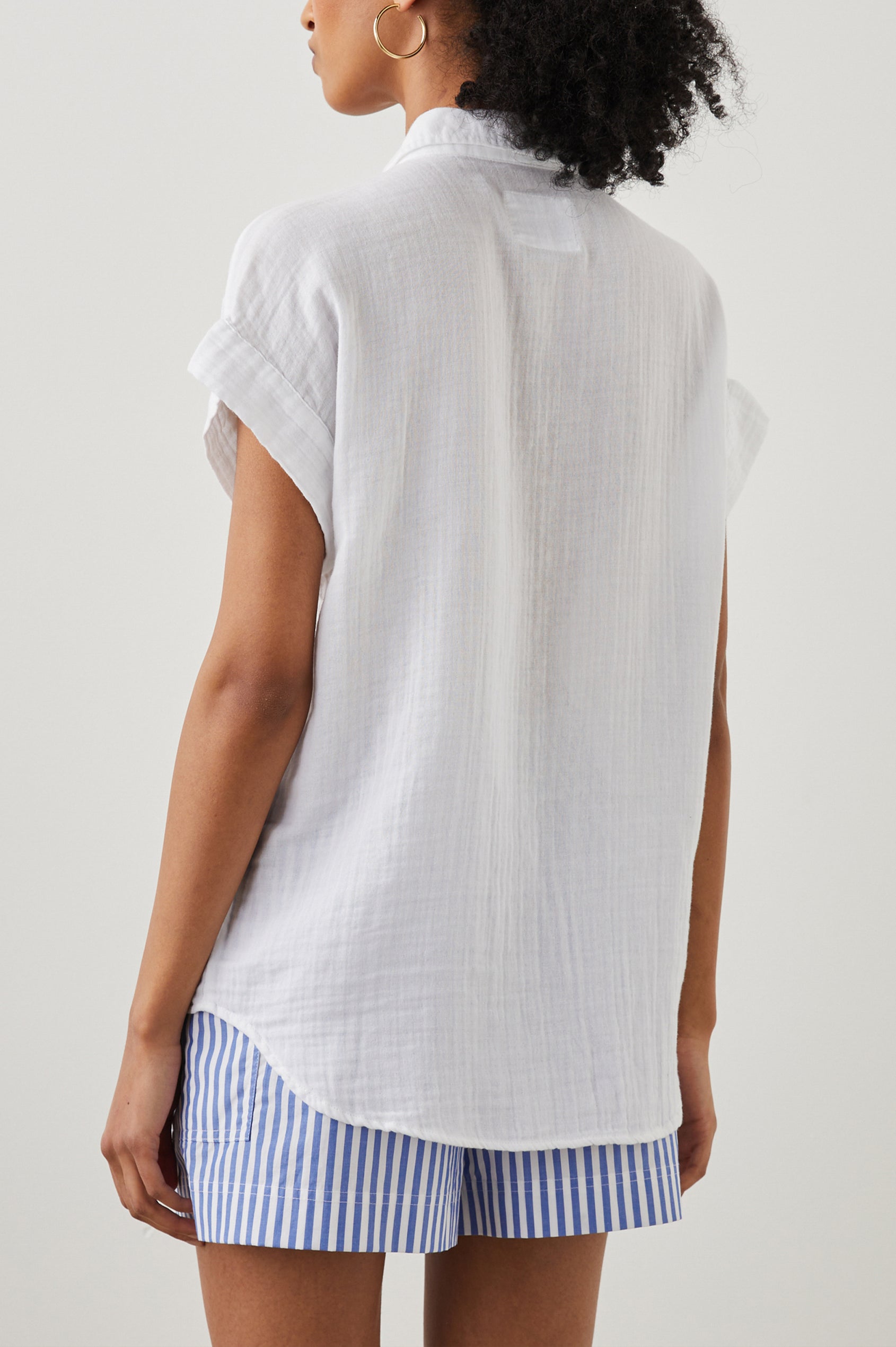 Cito Short-Sleeve Button Down with two Chest Patch Pockets in True White Colorway- Back View Featured on Model