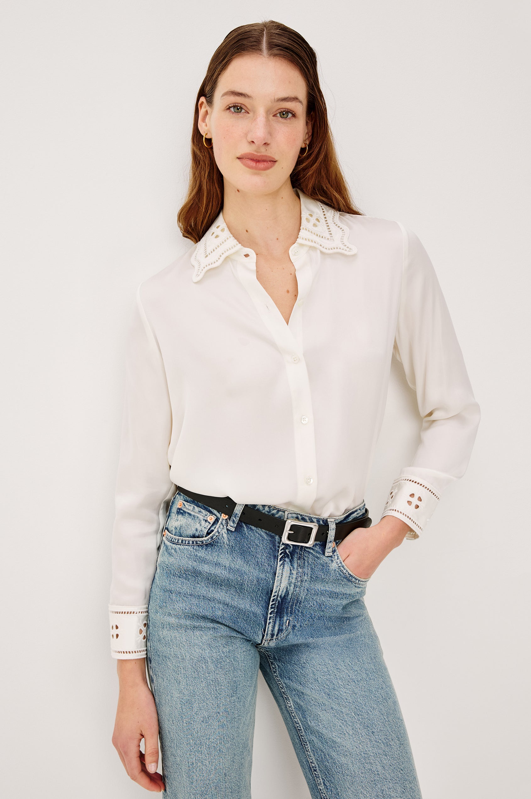 Clarise Button-Up Shirt in Silk Charmeues With Eyelet Embroidered Collar and Cuffs Long Sleeves and Relaxed Fit in Ivory Eyelet Colorway - Upper Body Front View Featured on Model