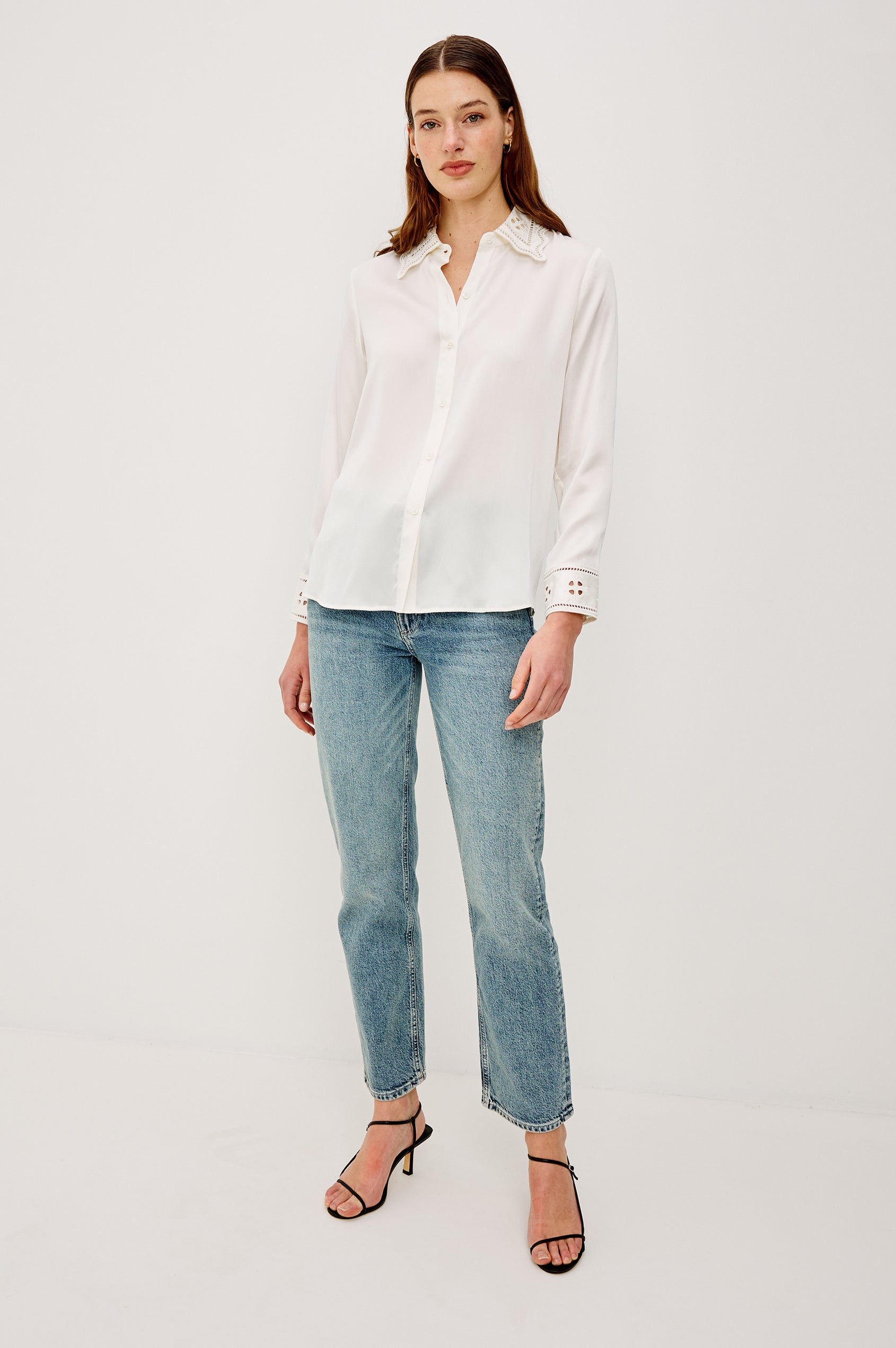 Clarise Button-Up Shirt in Silk Charmeues With Eyelet Embroidered Collar and Cuffs Long Sleeves and Relaxed Fit in Ivory Eyelet Colorway - Upper Body Front View Featured on Model