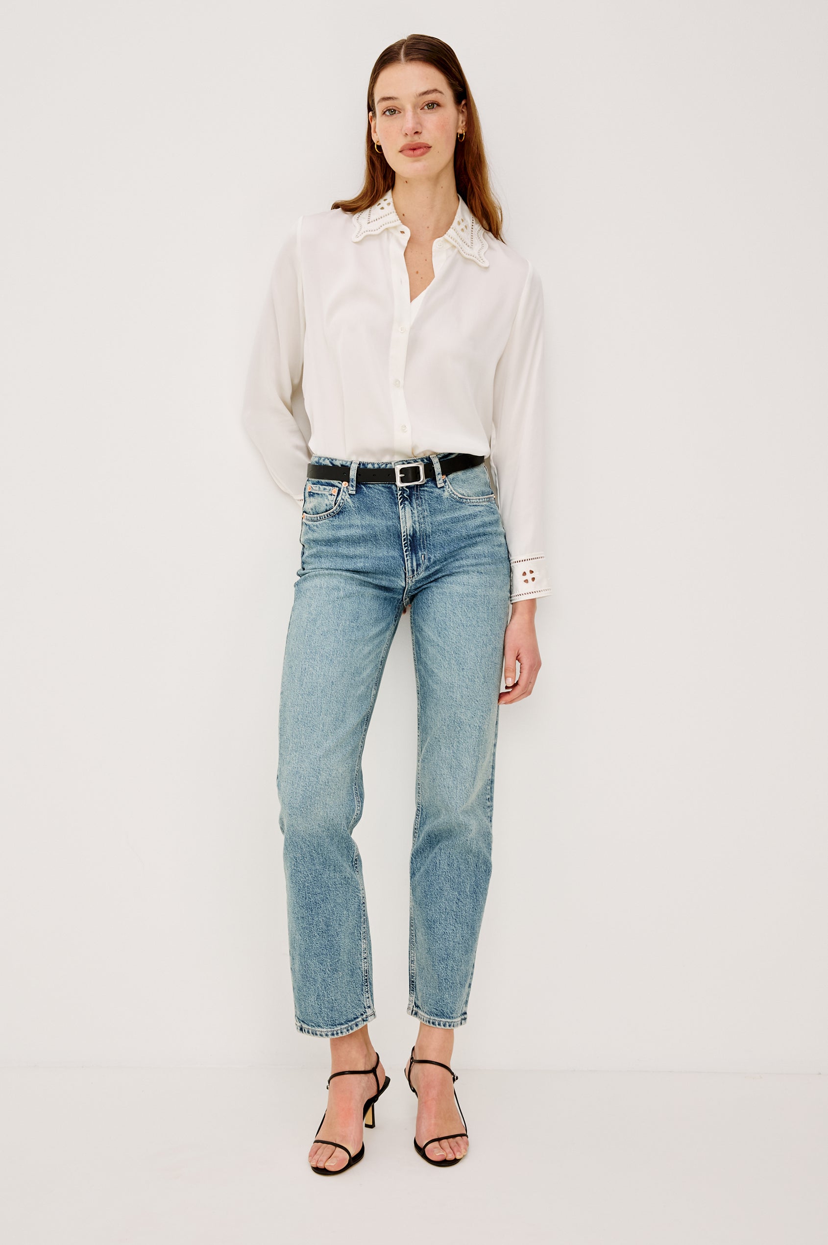 Clarise Button-Up Shirt in Silk Charmeues With Eyelet Embroidered Collar and Cuffs Long Sleeves and Relaxed Fit in Ivory Eyelet Colorway - Full Body Front View Featured on Model