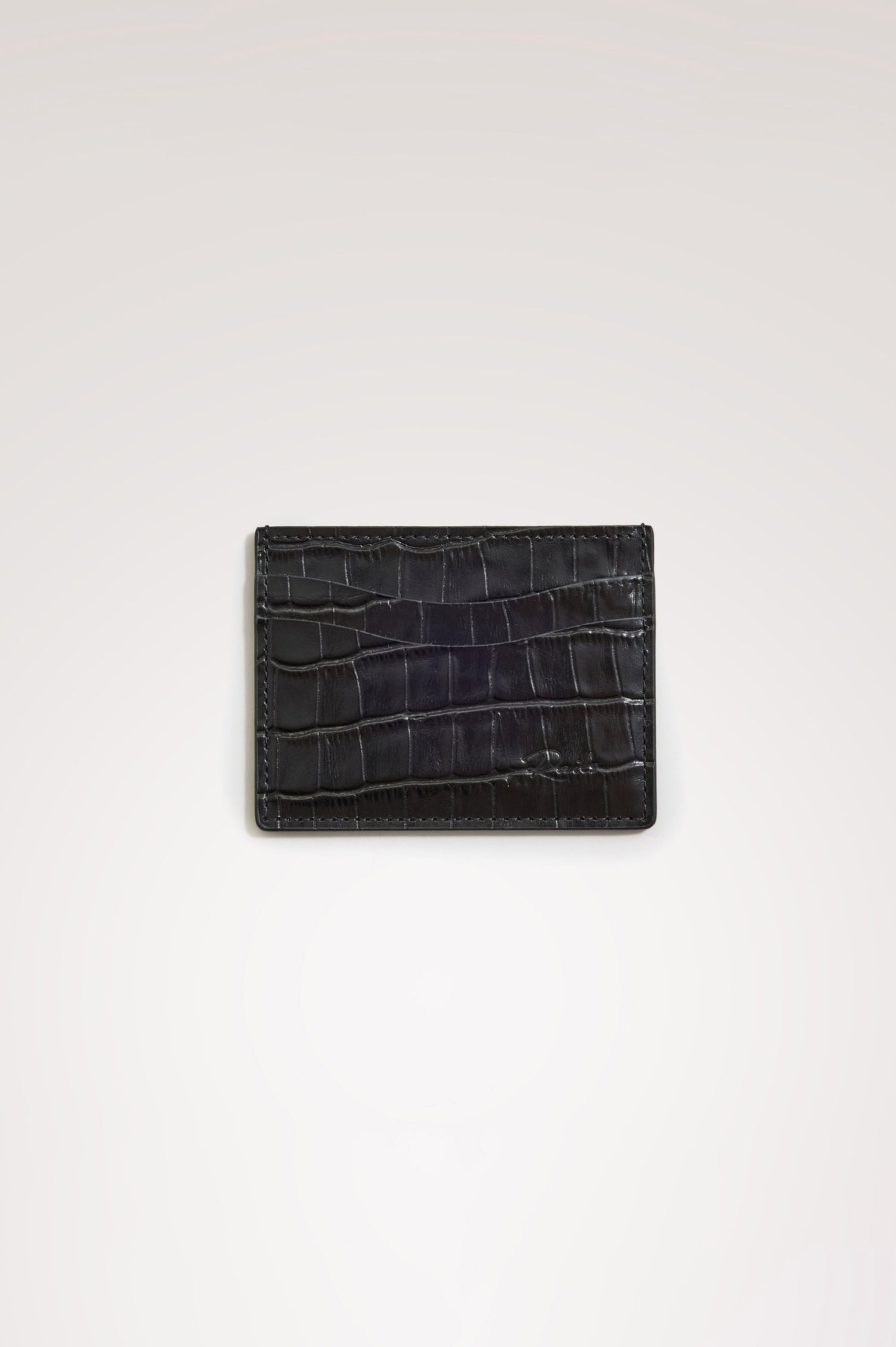 Classic Card Holder in Croc-Embossed Spanish Leather With Top Pocket, Two Front Slip Pockets, and Embossed Rails Logo in Black Croc Embossed Colorway -