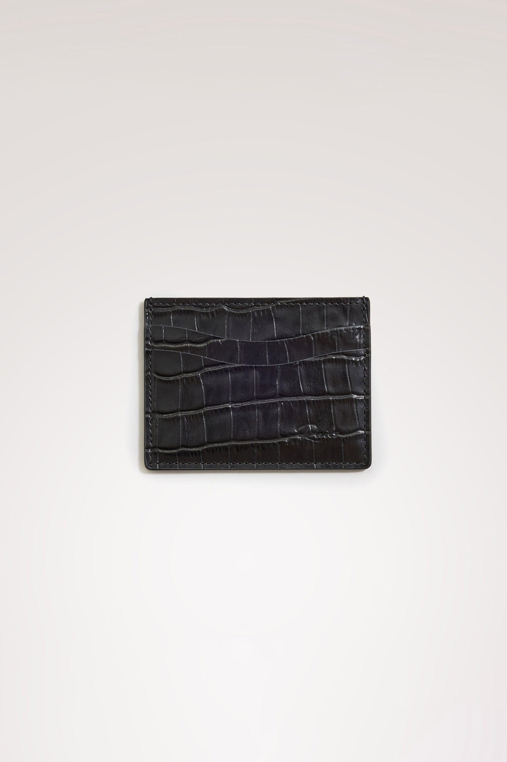 Classic Card Holder in Croc-Embossed Spanish Leather With Top Pocket, Two Front Slip Pockets, and Embossed Rails Logo in Black Croc Embossed Colorway -