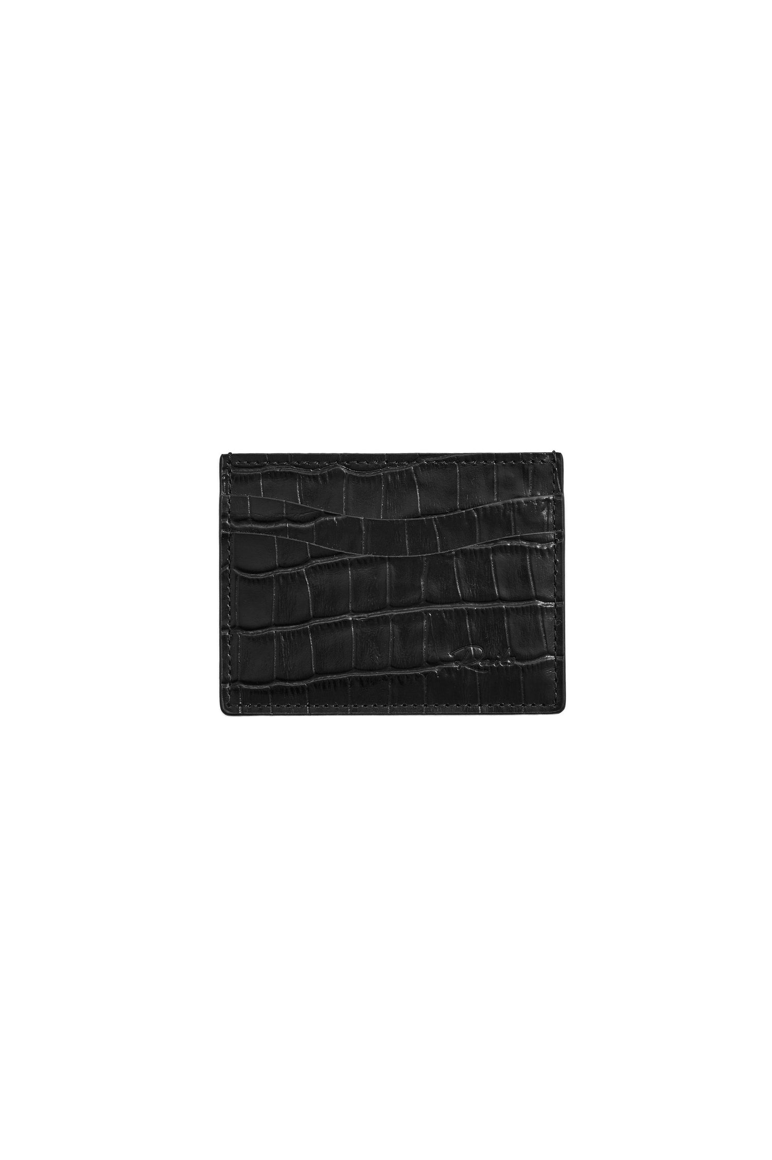 Classic Card Holder in Croc-Embossed Spanish Leather With Top Pocket, Two Front Slip Pockets, and Embossed Rails Logo in Black Croc Embossed Colorway -
