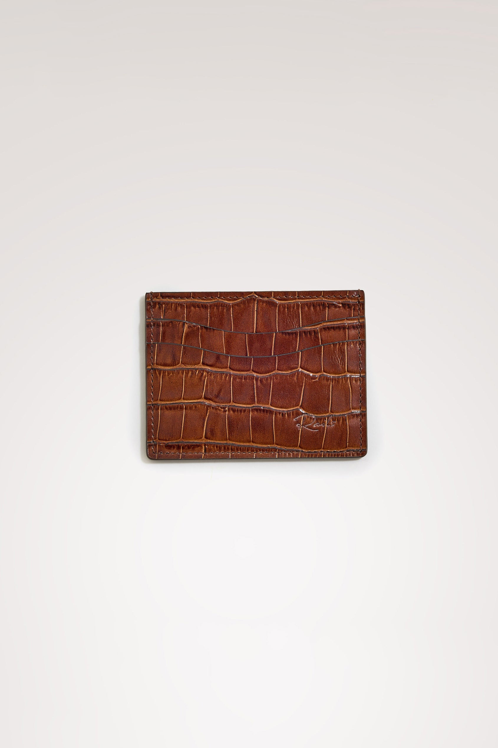 Classic Card Holder in Croc-Embossed Spanish Leather With Top Pocket, Two Front Slip Pockets, and Embossed Rails Logo in Dark Brown Croc Embossed Colorway -