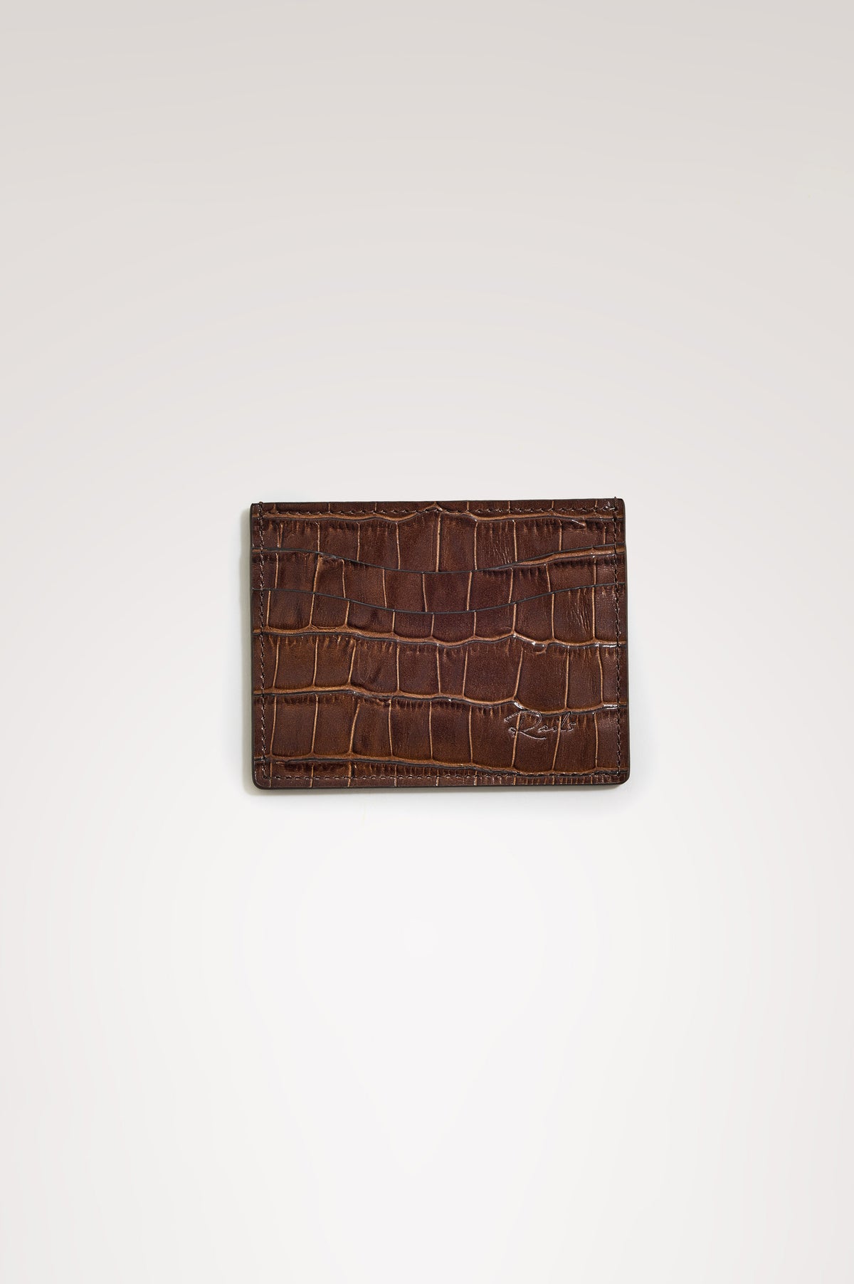 Classic Card Holder in Croc-Embossed Spanish Leather With Top Pocket, Two Front Slip Pockets, and Embossed Rails Logo in Dark Brown Croc Embossed Colorway -