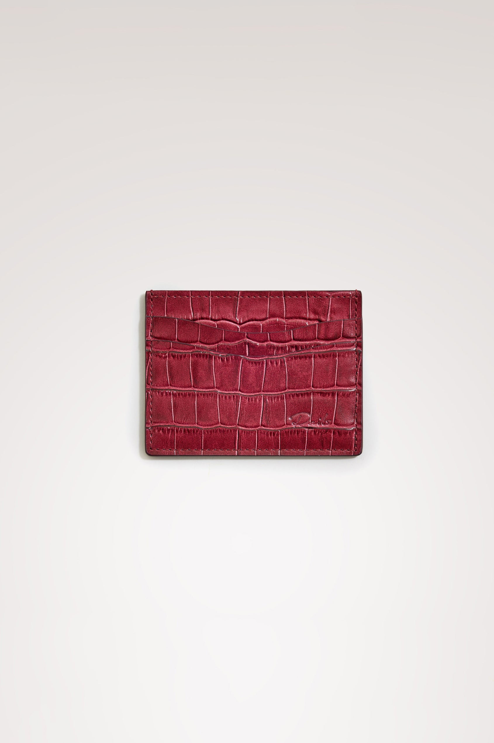 Classic Card Holder in Croc-Embossed Spanish Leather With Top Pocket, Two Front Slip Pockets, and Embossed Rails Logo in Burgundy Croc Embossed Colorway -
