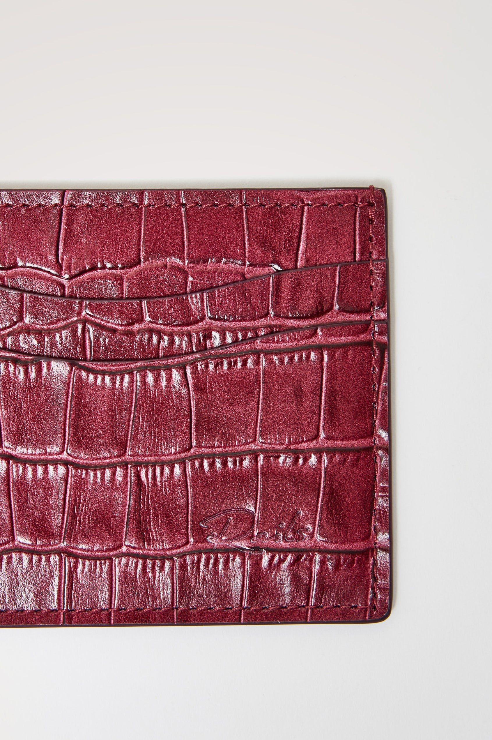 Classic Card Holder in Croc-Embossed Spanish Leather With Top Pocket, Two Front Slip Pockets, and Embossed Rails Logo in Burgundy Croc Embossed Colorway -
