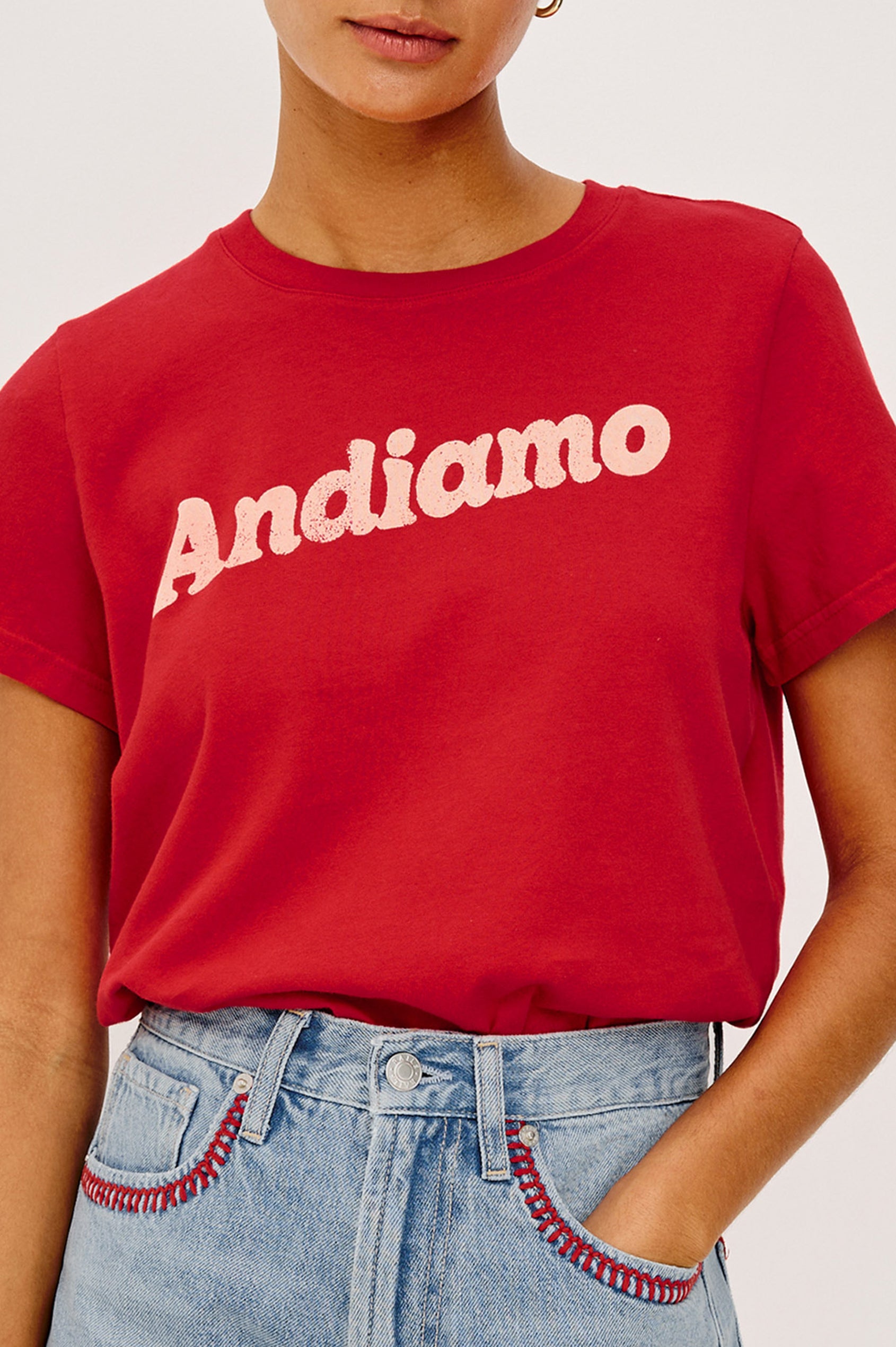 Classic Crew Neck T-Shirt in Pima Cotton With Relaxed Fit and Short Sleeves in Andiamo Tomato Colorway - Upper Body Front View Featured on Model