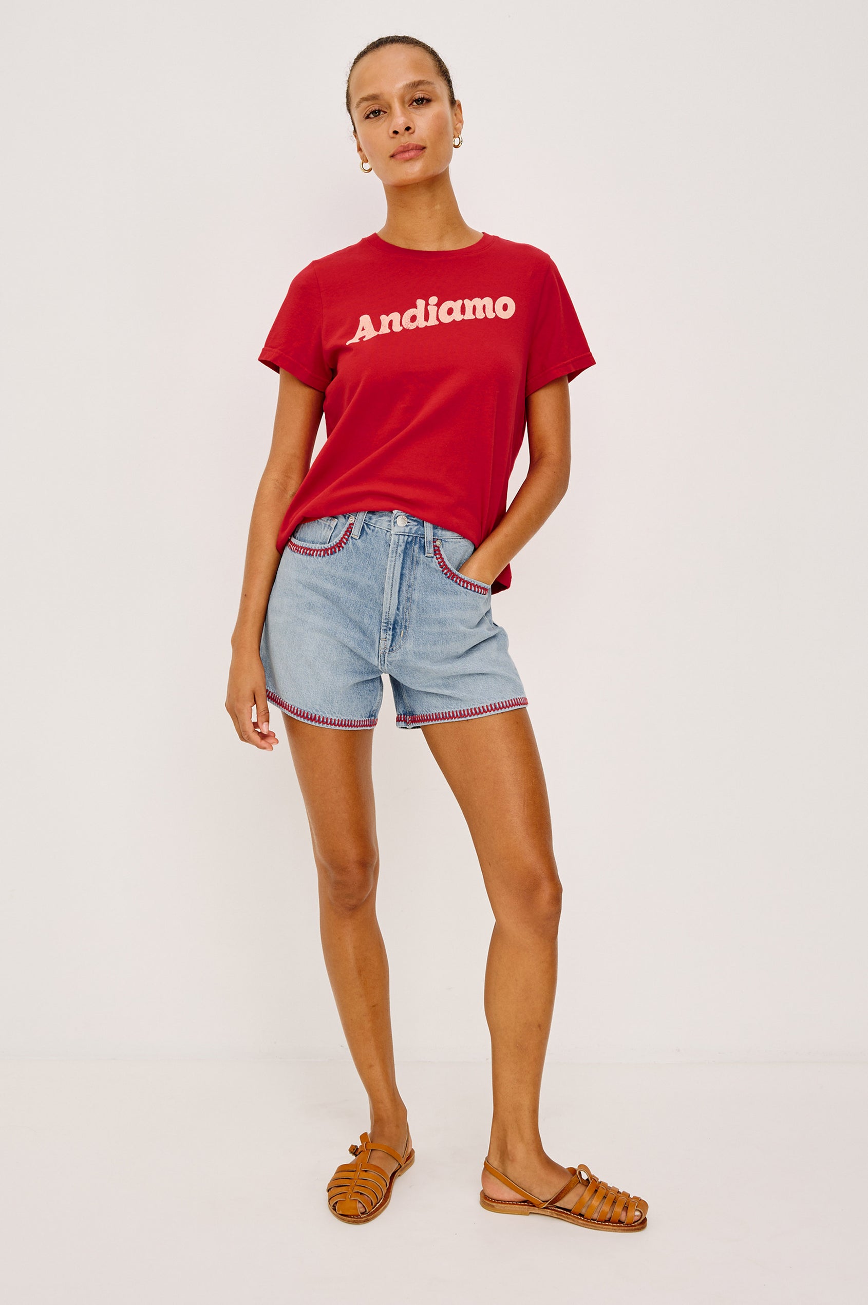 Classic Crew Neck T-Shirt in Pima Cotton With Relaxed FIi and Short Sleeves in Andiamo Tomato Colorway - Full Body Front View Featured on Model