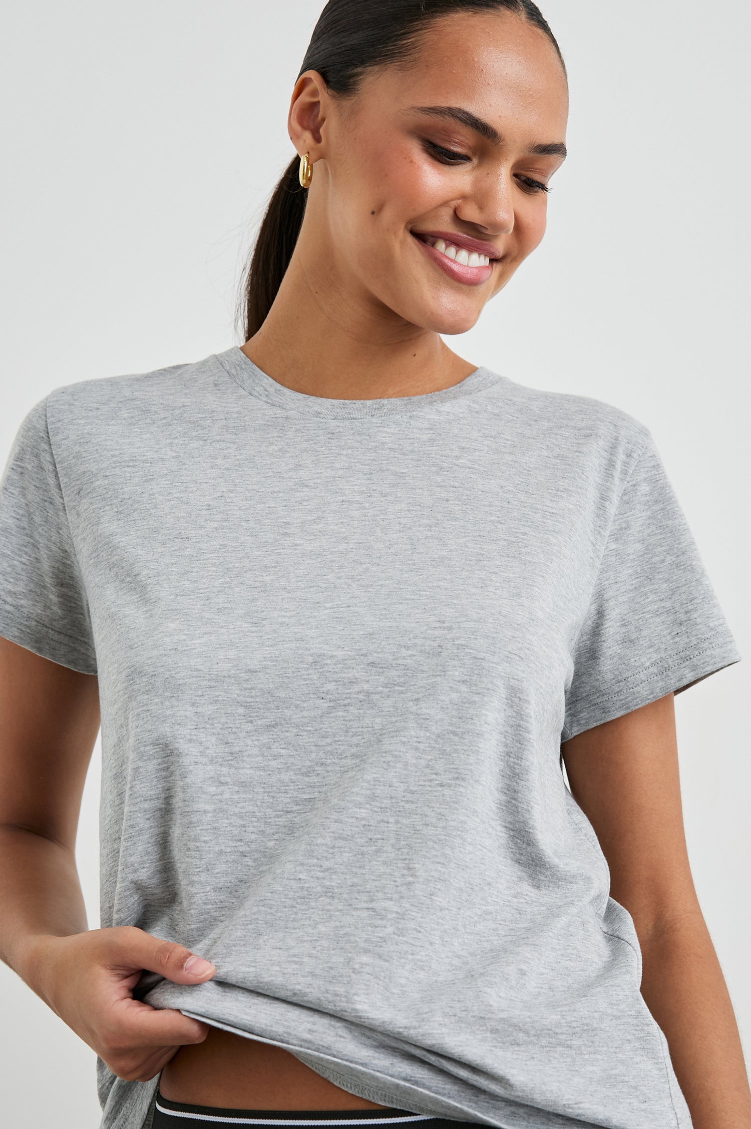 Classic Short Sleeve Crew Neck T-Shirt in Heather Grey Colorway - Front View Featured on Model